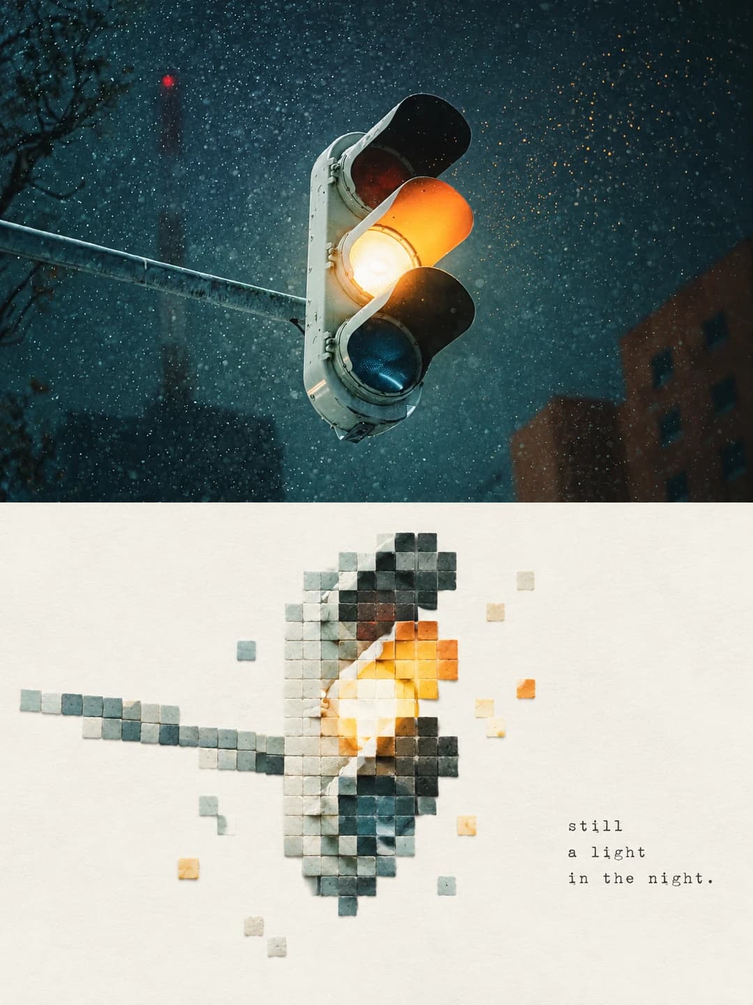 A traffic light in falling snow — one amber lamp carries the whole lower half