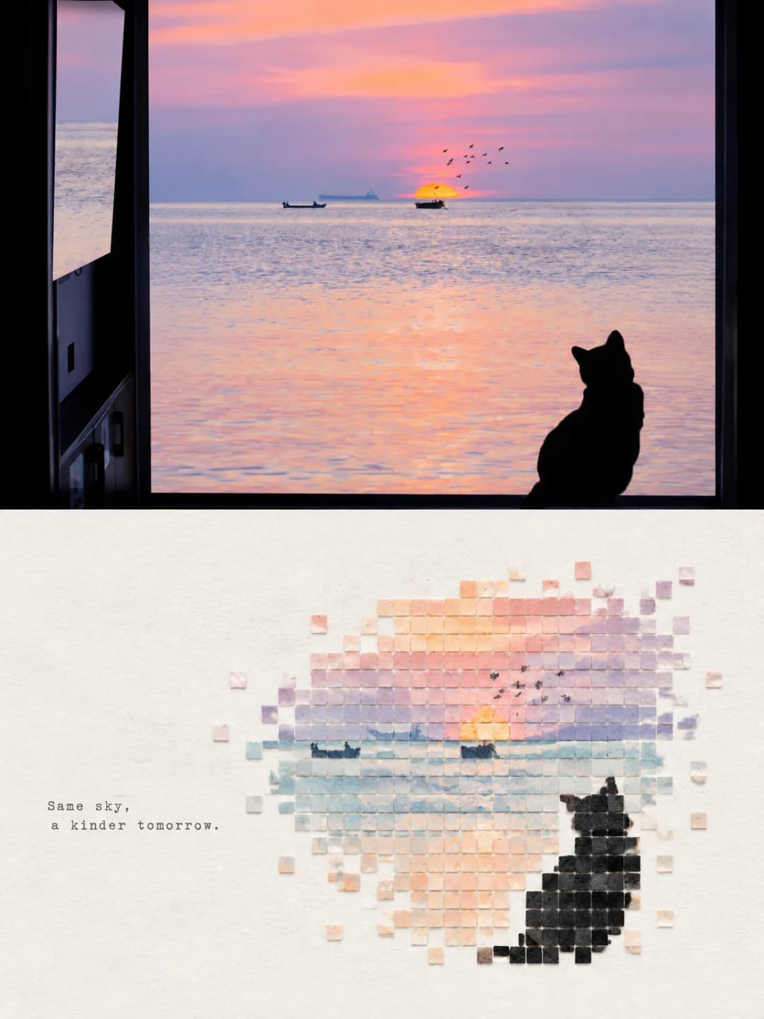 A cat watching the sea — the silhouette stays black while the sky goes to pinks and lilac