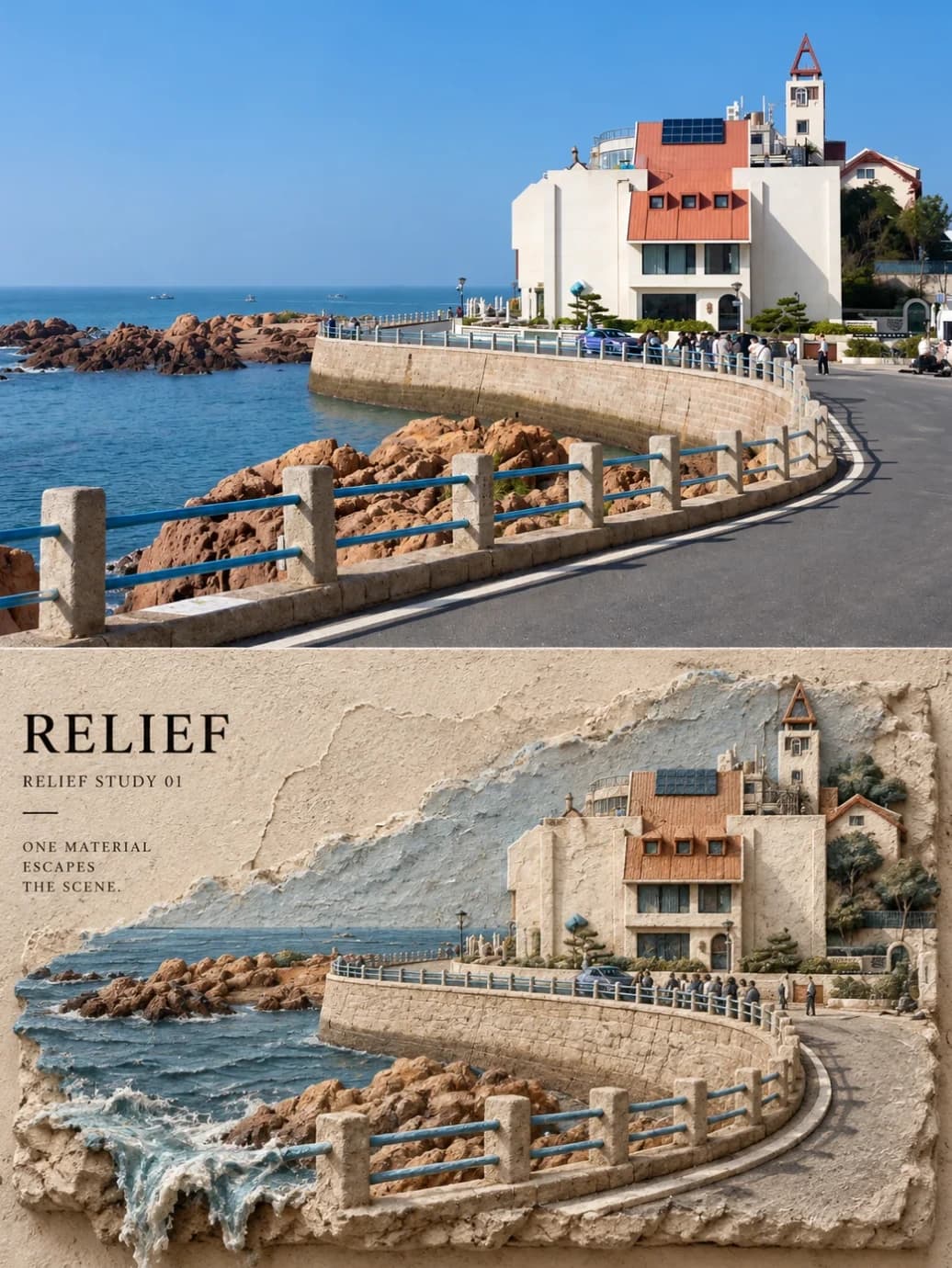 The curving sea wall, the blue railings and the white villa survive as plaster blocks, with a wave breaking out of the corner and down the wall.