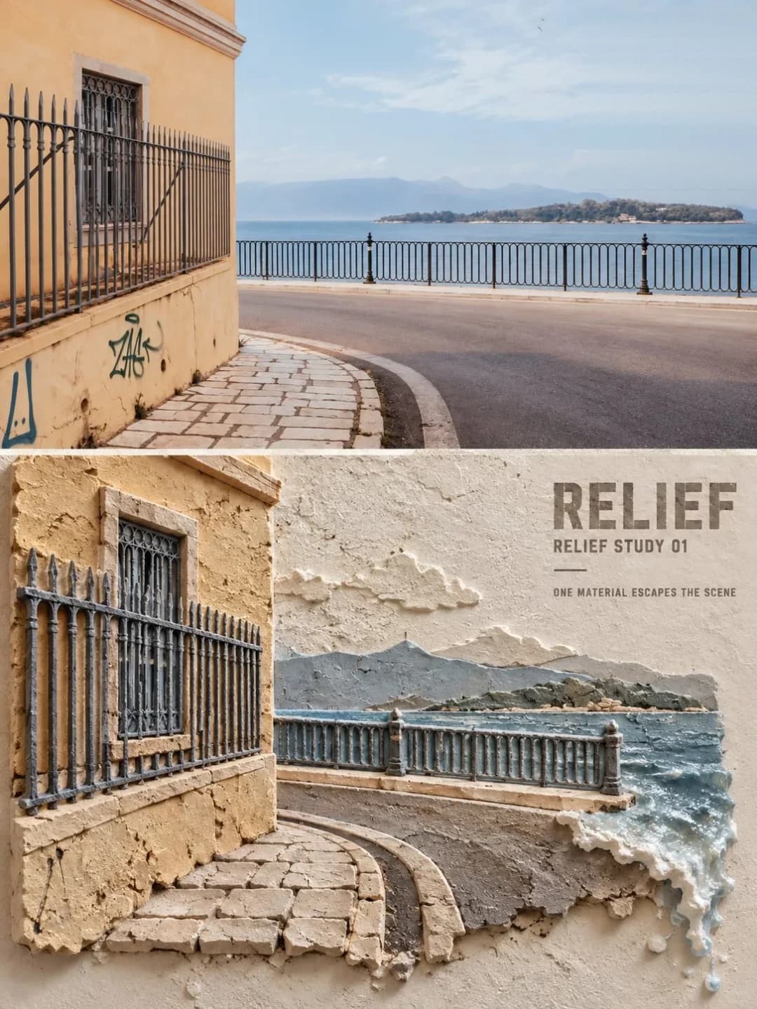 La casa d'angolo color ocra, la sua cancellata di ferro a punta e il cordolo curvo sono modellati in gesso spesso, e il mare oltre la balaustra rompe dal bordo destro e gocciola lungo la parete.