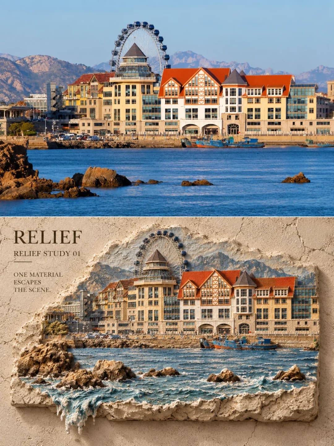 The Ferris wheel, the red gabled roofs and the moored blue boats are all carved in, and the sea pours over the bottom edge of the relief.
