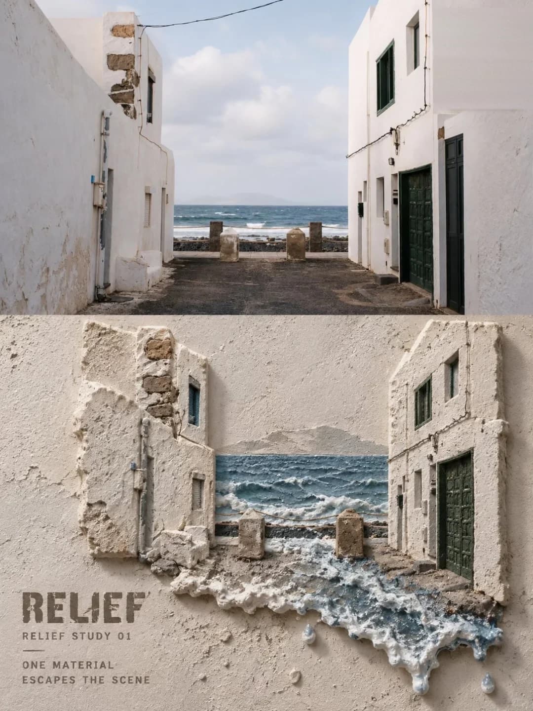 I muri imbiancati a calce, le porte verdi e i due paracarri di pietra restano al loro posto, e il mare in fondo al vicolo avanza e trabocca dal bordo inferiore del rilievo.