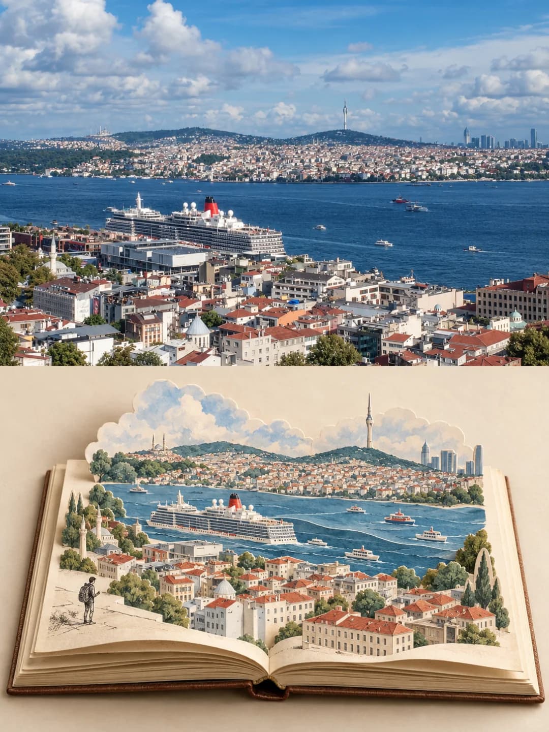 The Bosphorus panorama — the cruise ship, the red roofs, the hills and the TV tower — is rebuilt as a layered paper city with the clouds cut out along the top edge of the pages.