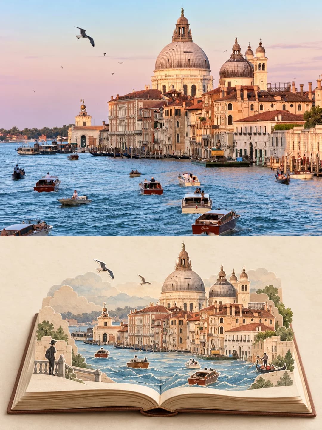 The domes of the Salute, the palaces along the Grand Canal, the water taxis and the gulls rise out of the book in soft dusk colours, with a small line-drawn traveller at the railing.