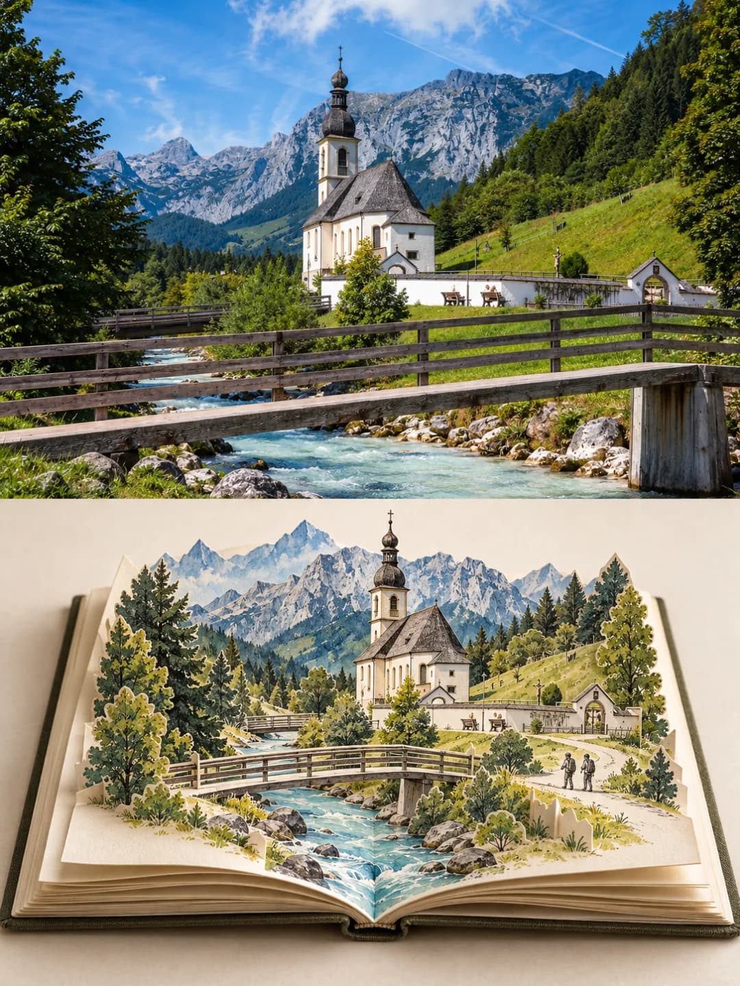 The white church, its onion-dome tower, the grey peaks, the wooden footbridge and the turquoise stream all stand up as cut-paper layers, the stream running down into the spine.