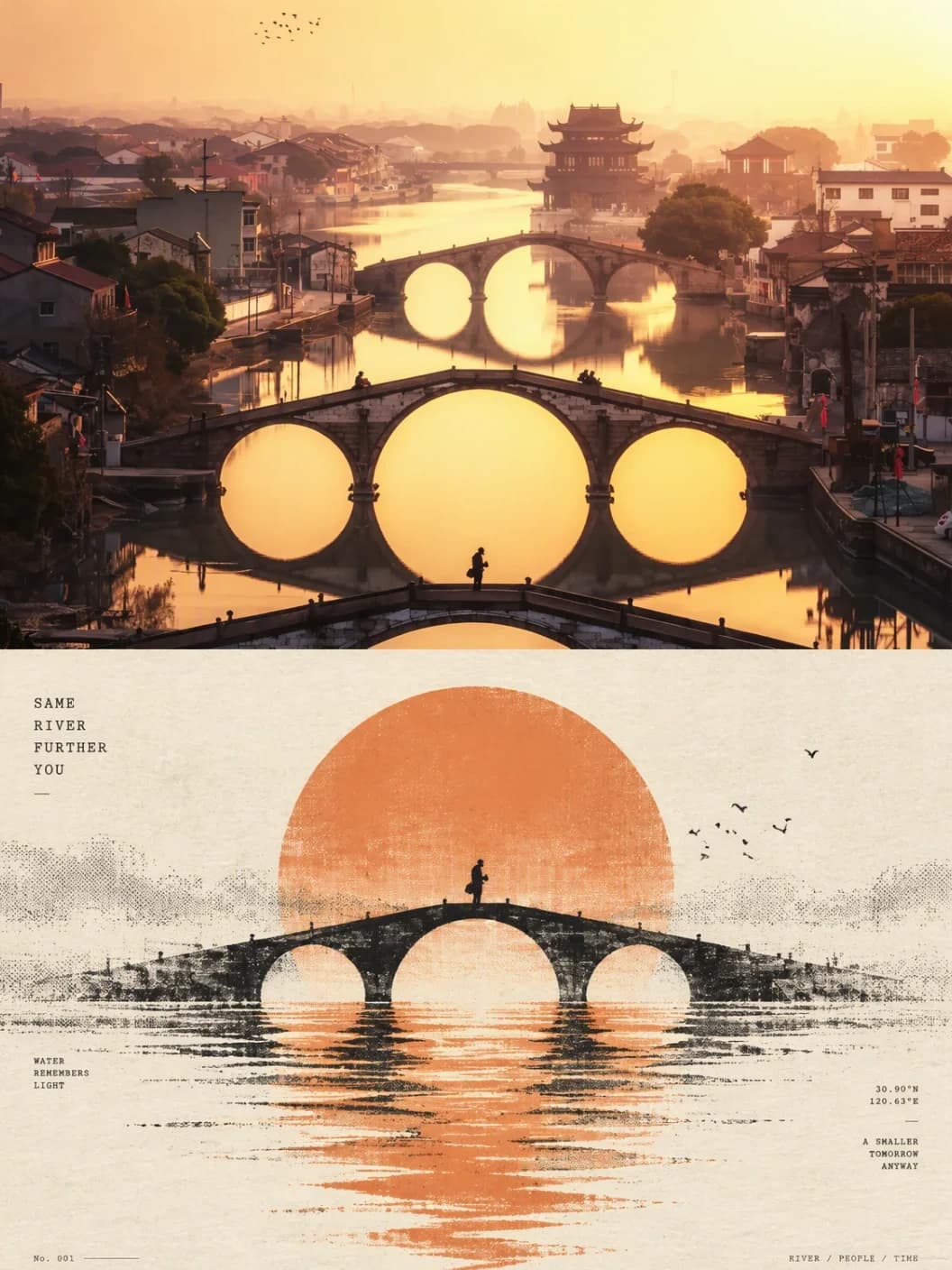 The arched stone bridge, the lone figure on it and the flock of birds survive, set in black ink under a large orange sun that melts into the water.