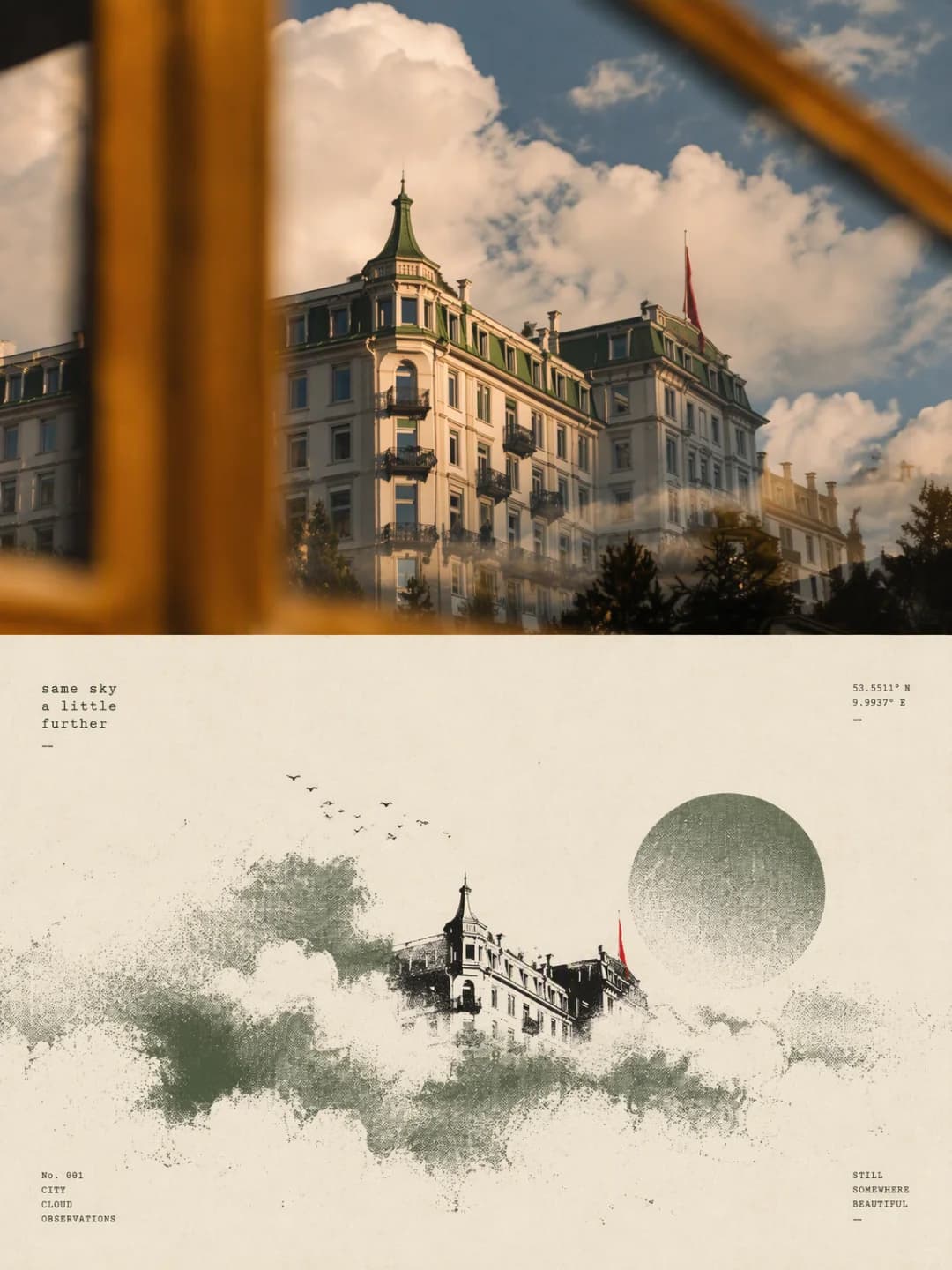 The turreted hotel and its red flag float on a drift of sage-green grain, with a halftone moon where the sky used to be.