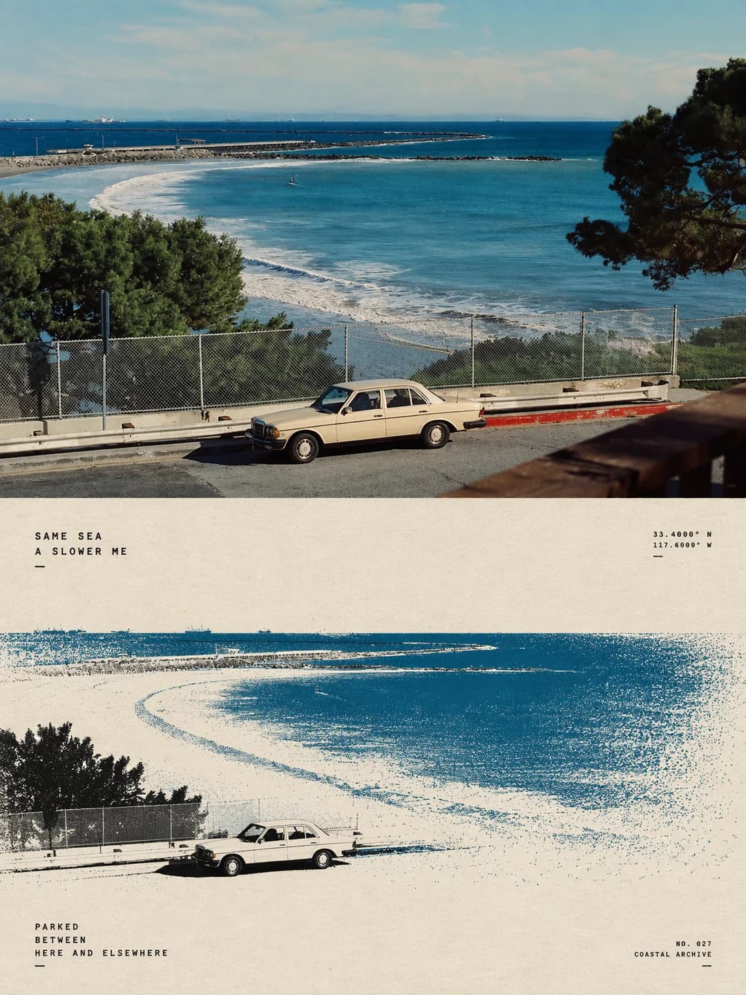 The cream sedan, the fence and the curve of the bay are kept; the sea turns into a spray of blue halftone dots running off the page.