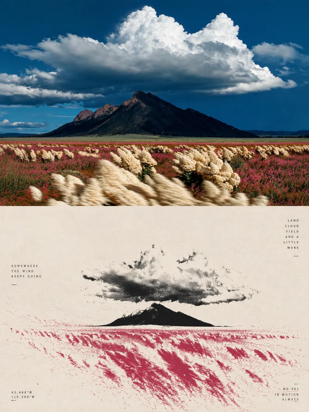 The dark peak and the storm cloud are printed in black, and the pink field below becomes streaks of crimson ink blown sideways.