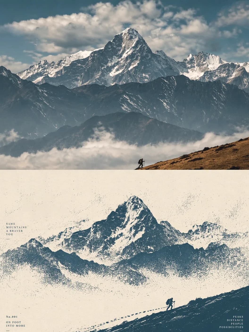 The main summit and the hiker on the ridge come through in a single navy ink, the snowfields left as bare paper.
