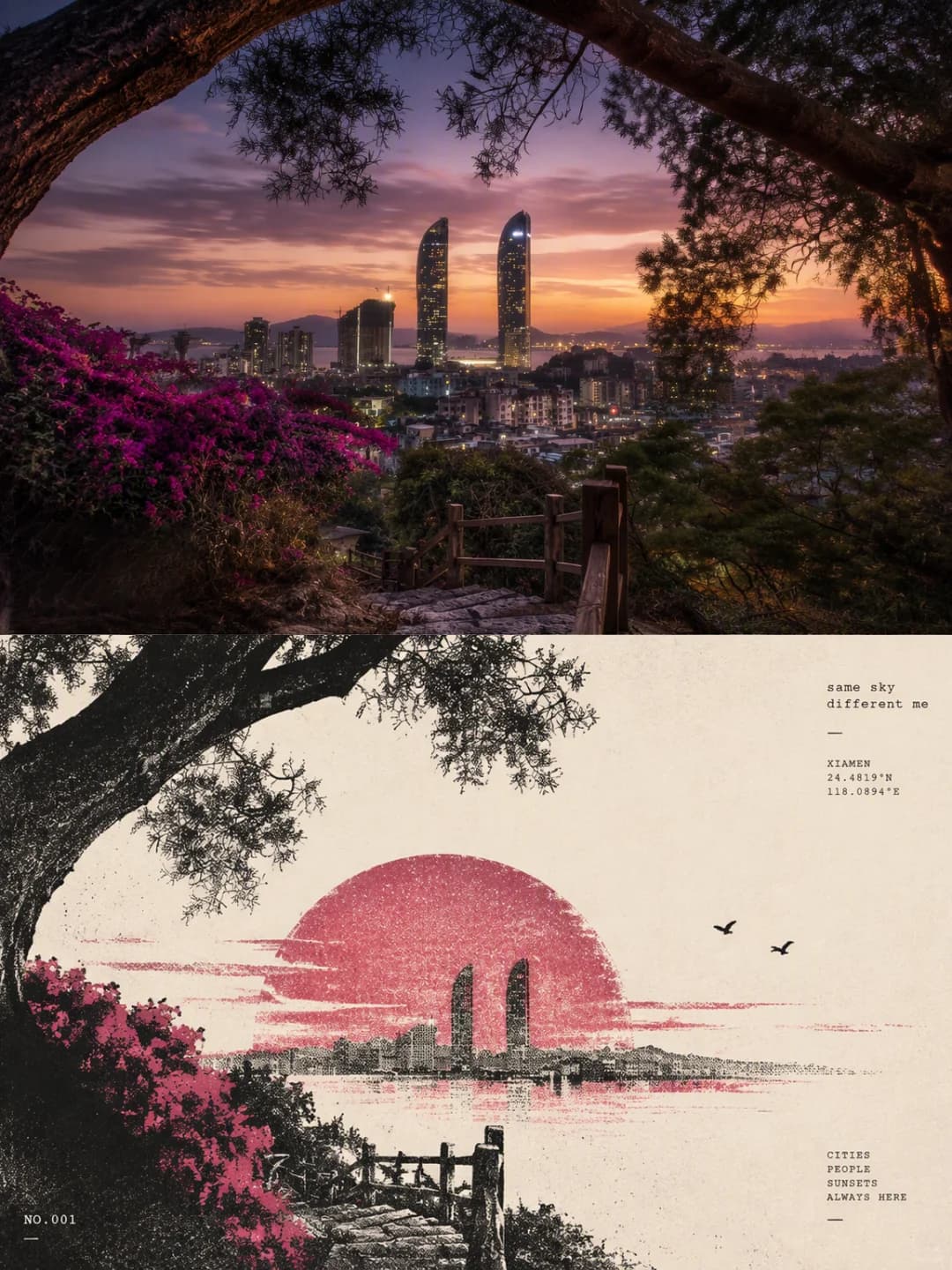 The twin towers, the old tree and the bougainvillea are kept, the towers standing inside a magenta sun over a thin line of harbour.