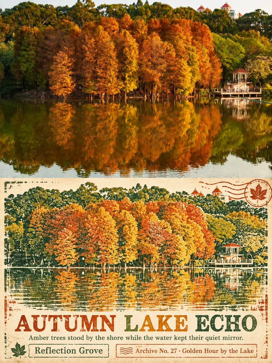 The amber and orange treeline, its reflection and the little lakeside pavilion are pressed into layered stamp inks, finished with a maple-leaf postmark and the title Autumn Lake Echo.