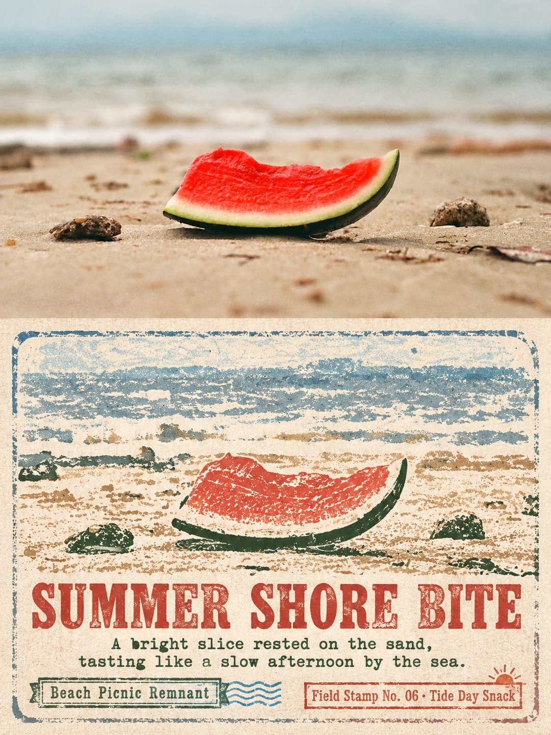 A watermelon slice on the sand stays the centre of the frame, with the surf and pebbles behind it reduced to blue and ochre stamp textures, titled Summer Shore Bite.