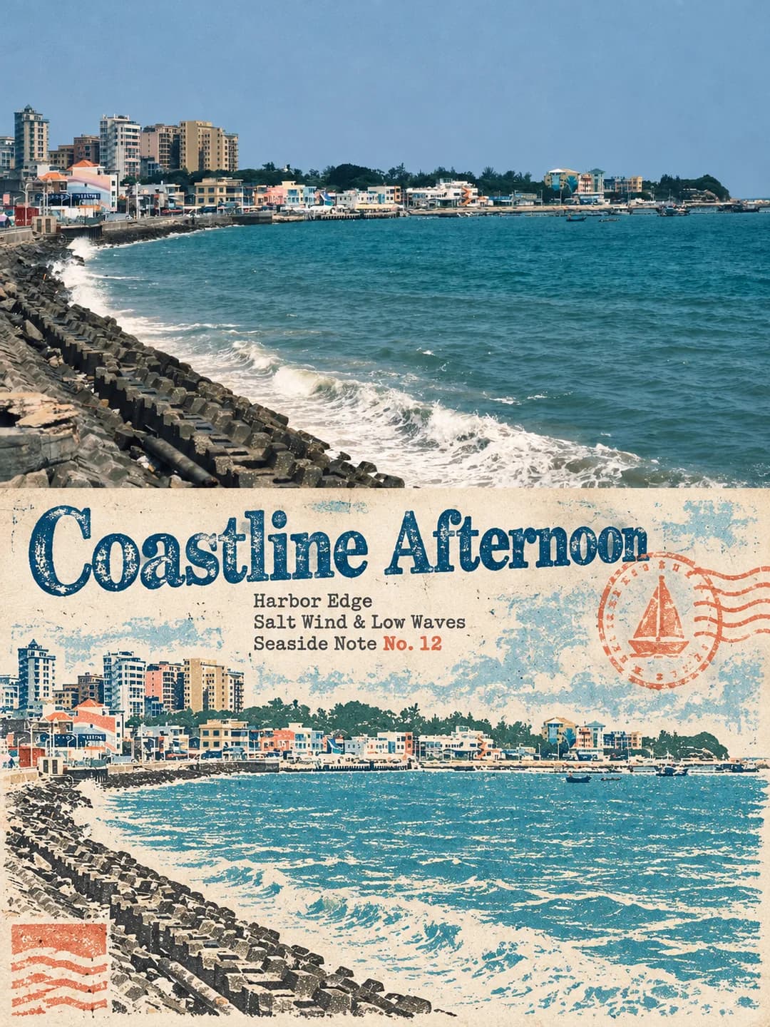 The curving seawall, the waves and the row of seaside buildings become a two-colour blue and red print with a sailboat postmark, titled Coastline Afternoon.