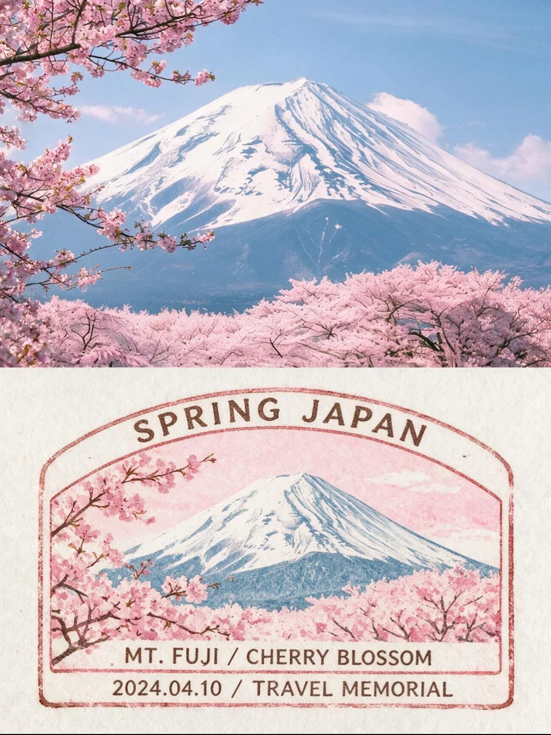 Mount Fuji and the cherry trees in front of it stay as photographed; the print sets them inside an arched pink-and-blue souvenir stamp titled Spring Japan, with a dated place line underneath.