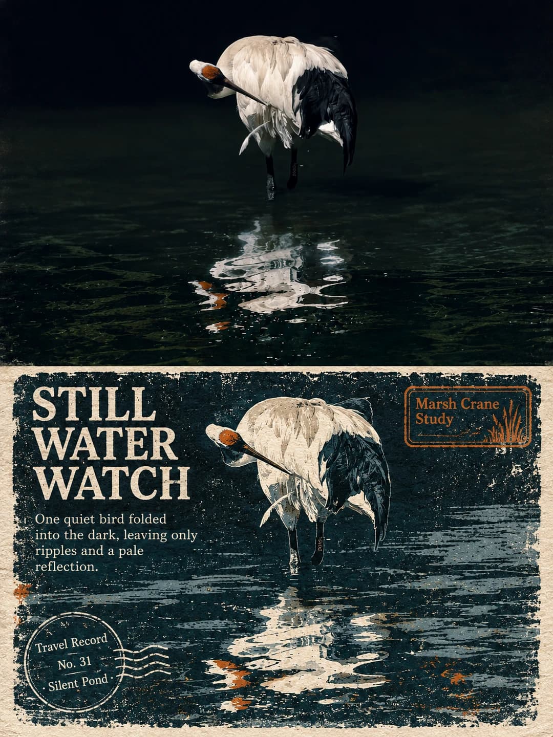 The crane preening in dark water keeps its pose and its broken reflection, cut into deep teal ink with a round Travel Record postmark and the title Still Water Watch.