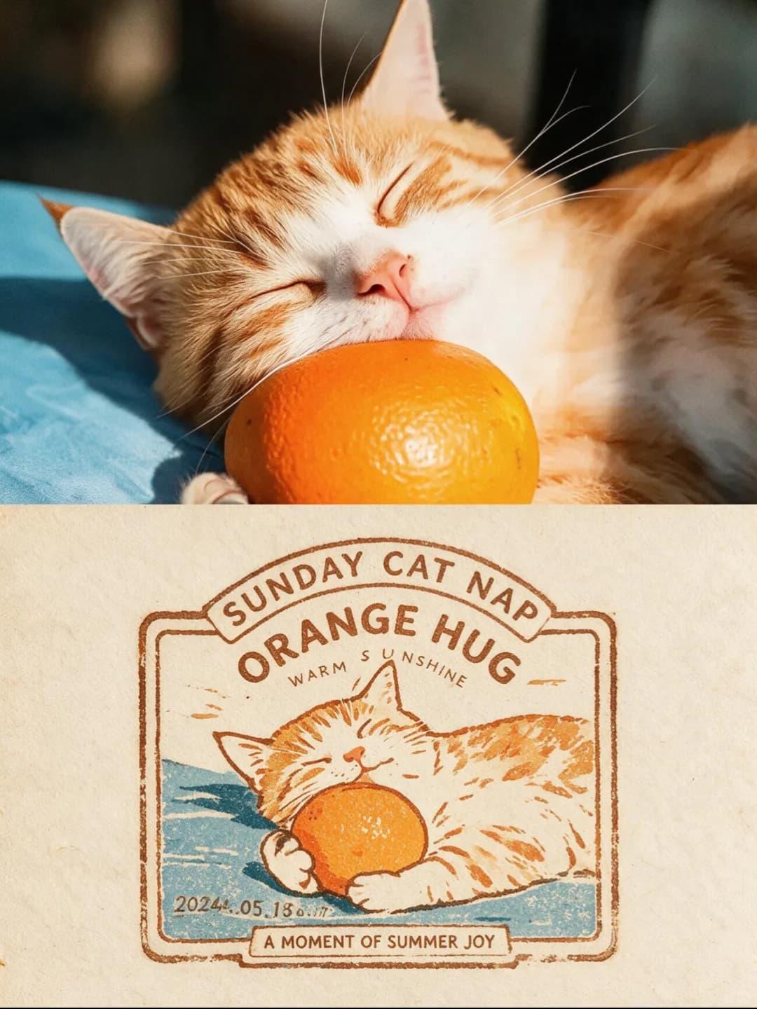 A ginger cat asleep on an orange keeps its closed eyes and its paws around the fruit, re-cut in orange and sky-blue inks inside a framed stamp titled Orange Hug.