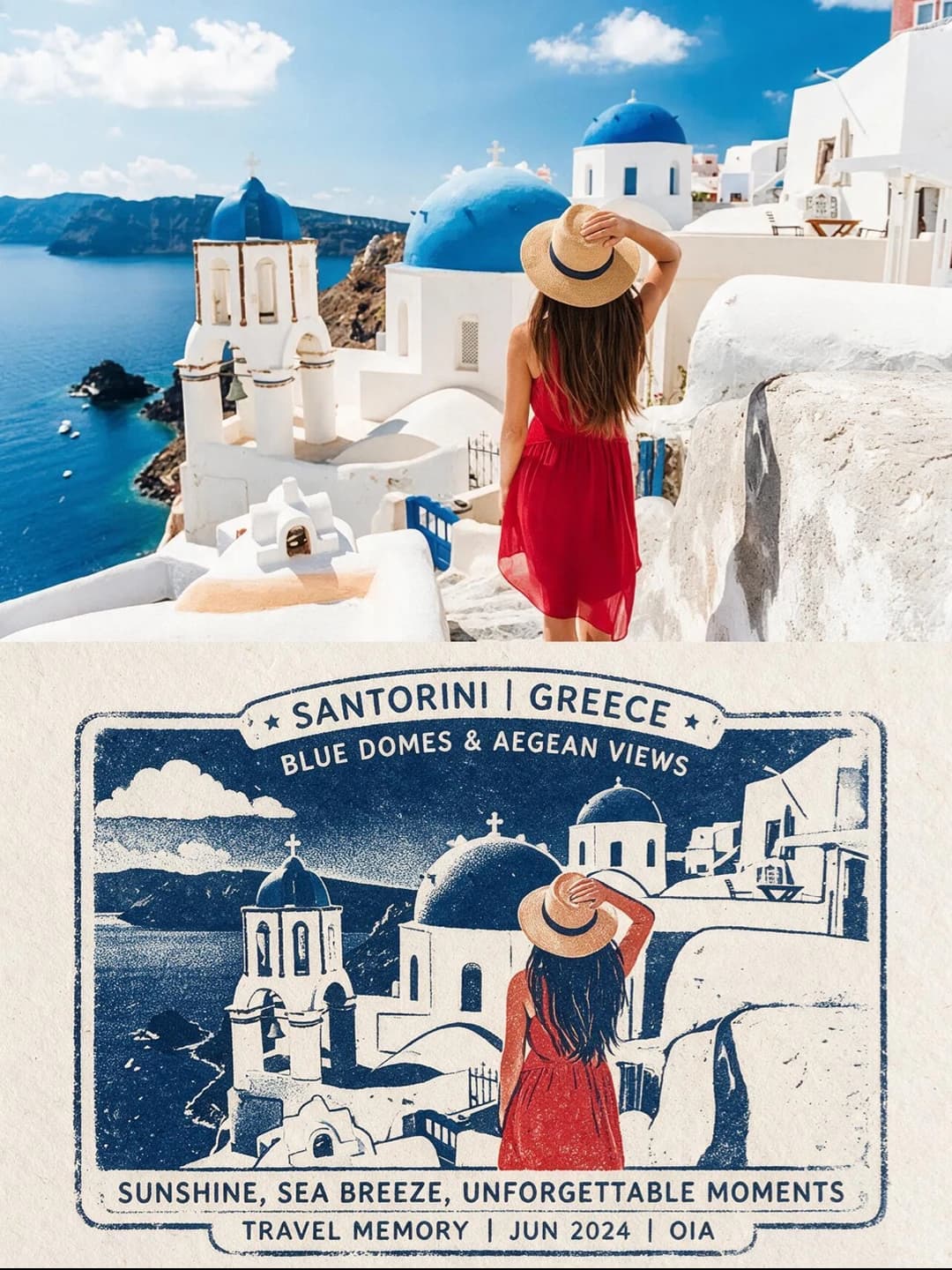 The blue domes, the bell tower and the red dress keep their places; the print redraws the whole slope in deep navy ink and saves red for the dress alone, under a Santorini | Greece banner.