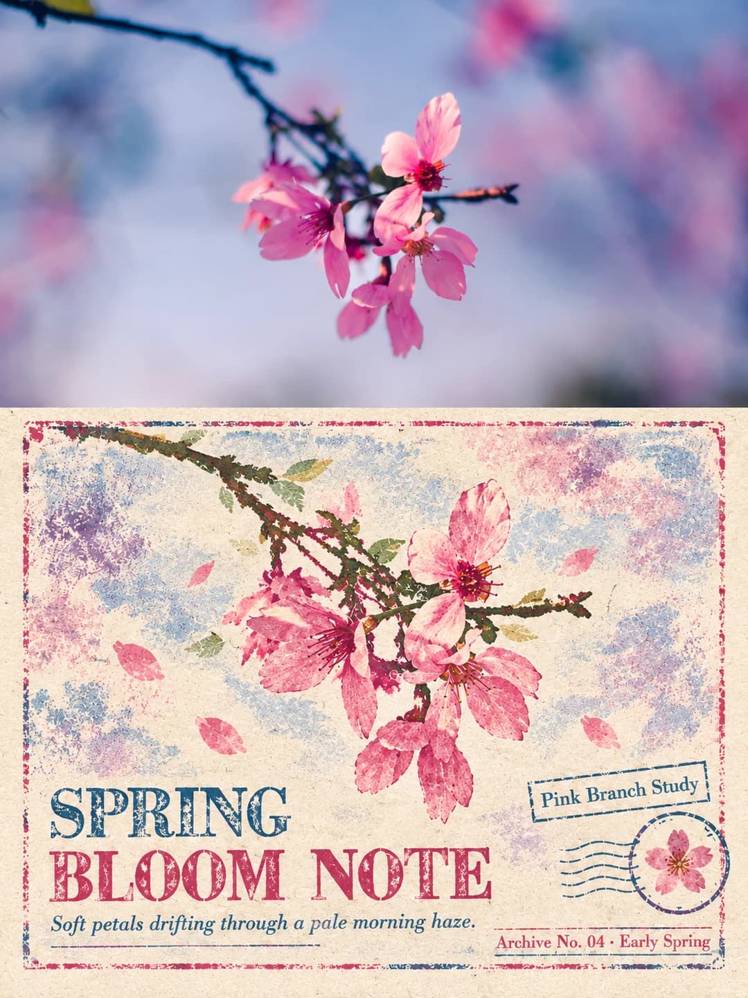 A pink blossom branch against a soft blue haze becomes pink and violet stamp ink with drifting petals, framed by an airmail border and the title Spring Bloom Note.