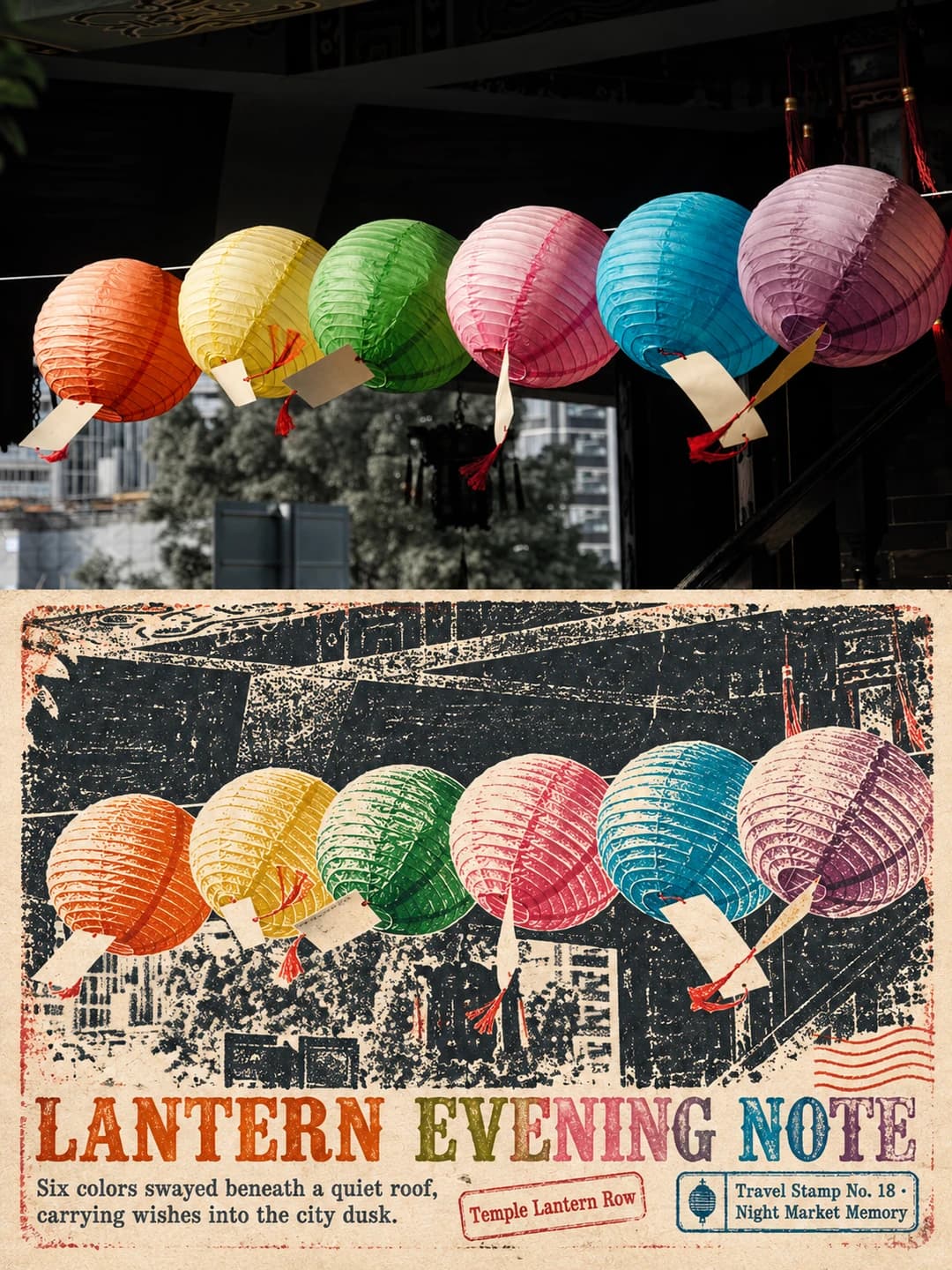 Six coloured paper lanterns keep their exact order and colours against a roof and city backdrop printed in worn black ink, under the title Lantern Evening Note.