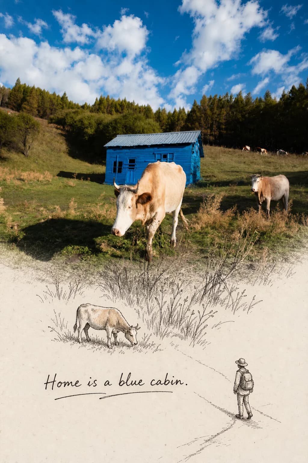 The blue cabin, the cows and the hillside stay as photographed; the long grass turns into pen strokes below, one cow is redrawn grazing in it, and the traveller walks off down a drawn path.