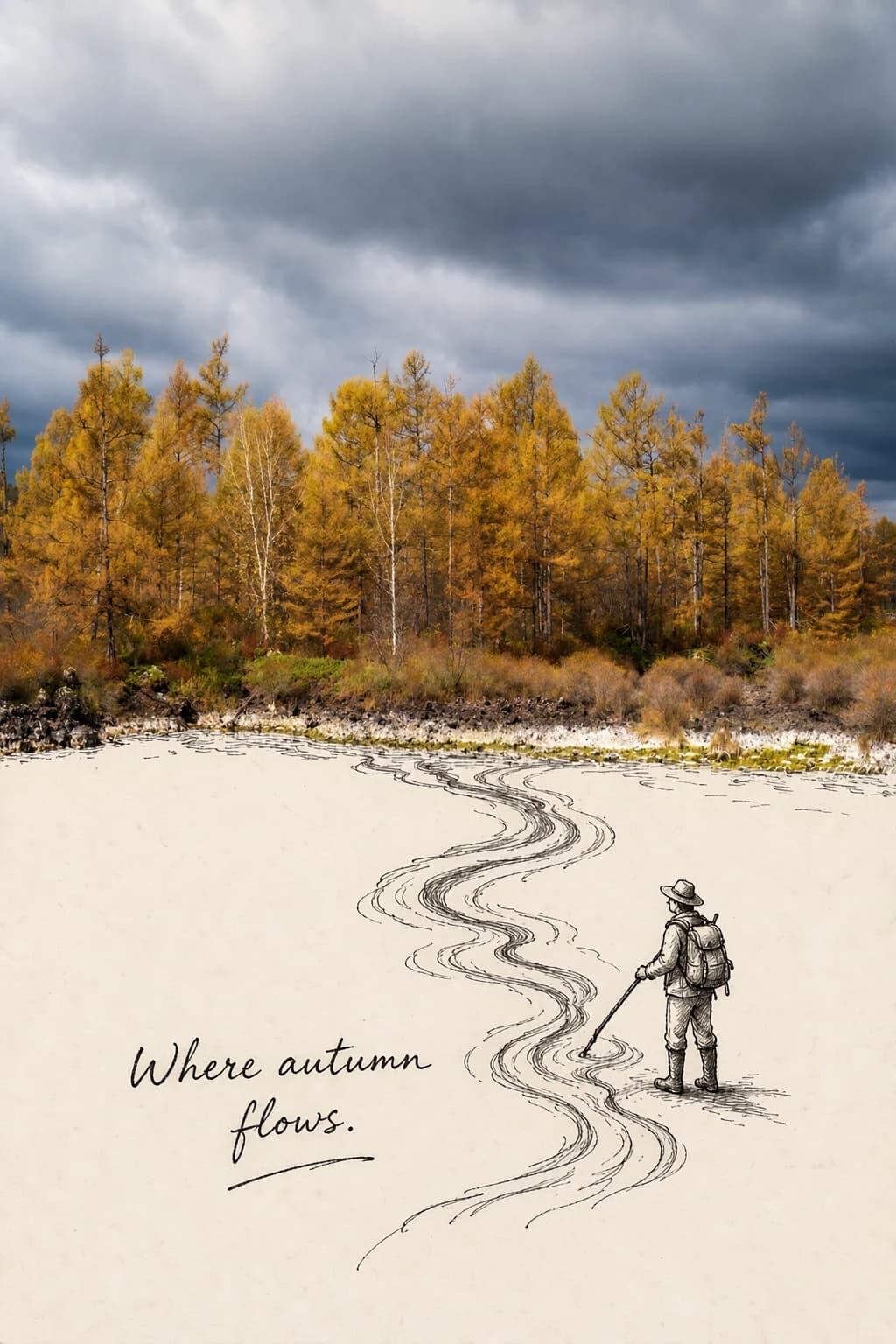 The golden larches and the storm sky stay as they were; the bank dissolves into a winding drawn stream, and the traveller dips a walking stick into it.