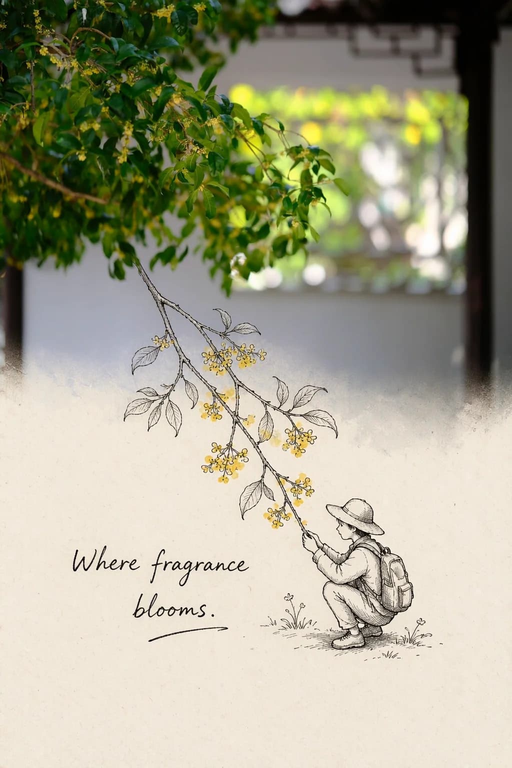 The osmanthus bush in a garden courtyard stays photographic; one sprig grows down into pen leaves and yellow watercolour blossom, and a crouching traveller holds it.