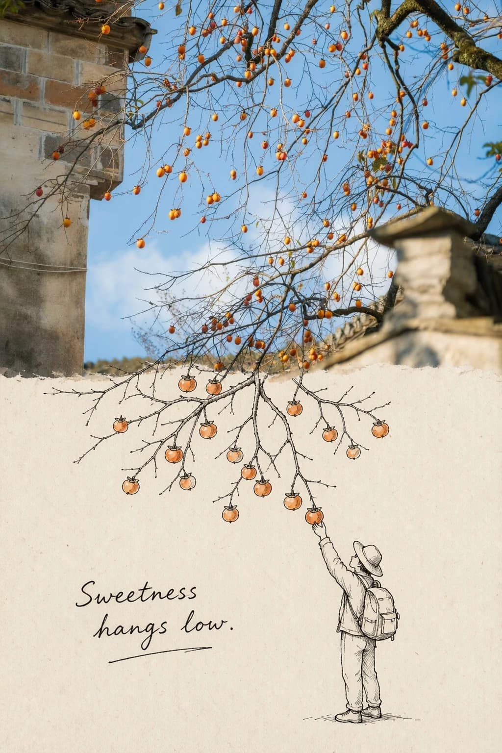 The persimmon tree and the stone eaves stay photographic; below the torn edge one branch carries on in pen with orange watercolour fruit, and the traveller reaches up to pick one.