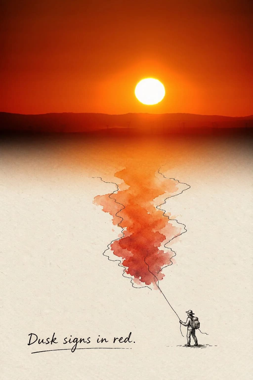 The low red sun over the hills stays as photographed; its colour runs down the paper as a loose watercolour stain on a pen line, held like a kite string by a tiny traveller.