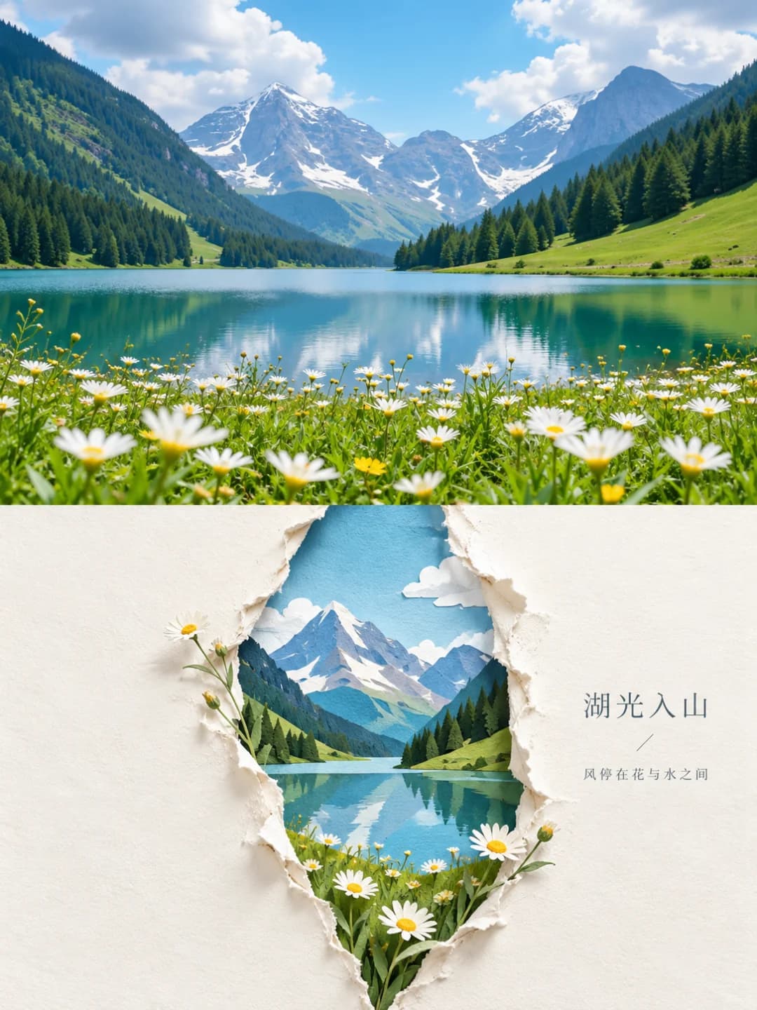 The snow peak, the pines, the lake reflection and the daisies all fit inside one narrow vertical tear, with daisies spilling past its edge.