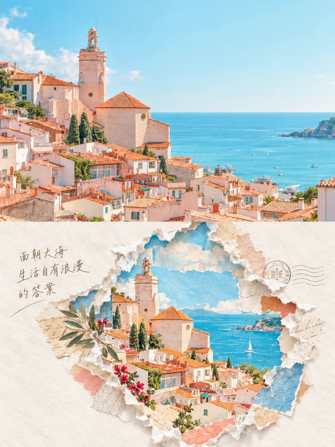 The bell tower, the terracotta roofs and the blue bay stay recognisable, framed by pink and blue scraps and a sprig of olive leaves.