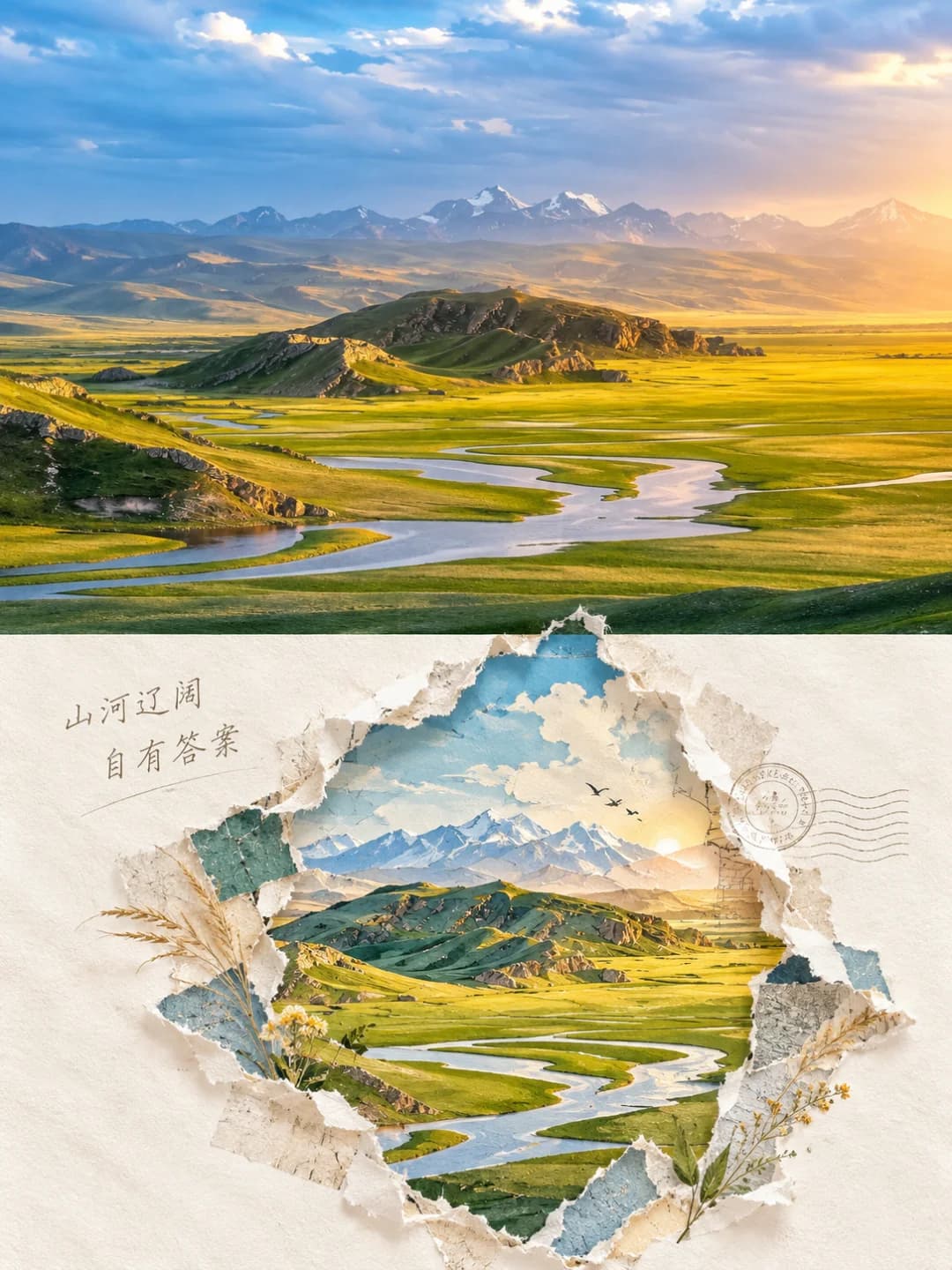 The winding river, the rocky ridges and the distant snow line survive in greens and gold, with dried grass stems tucked at the edge.