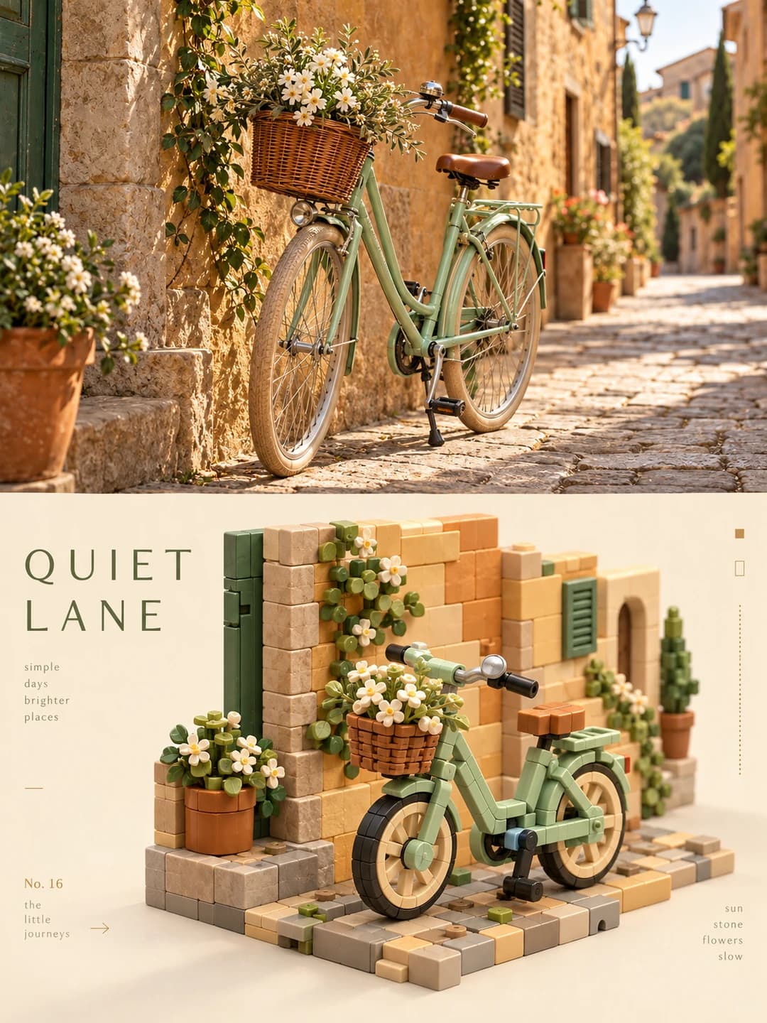 The sage-green bike, its wicker basket of white flowers and the ochre stone wall become rounded blocks; the flowers stay white, the vines become little green discs, and the cobbles turn into a grey-and-sand tile base.