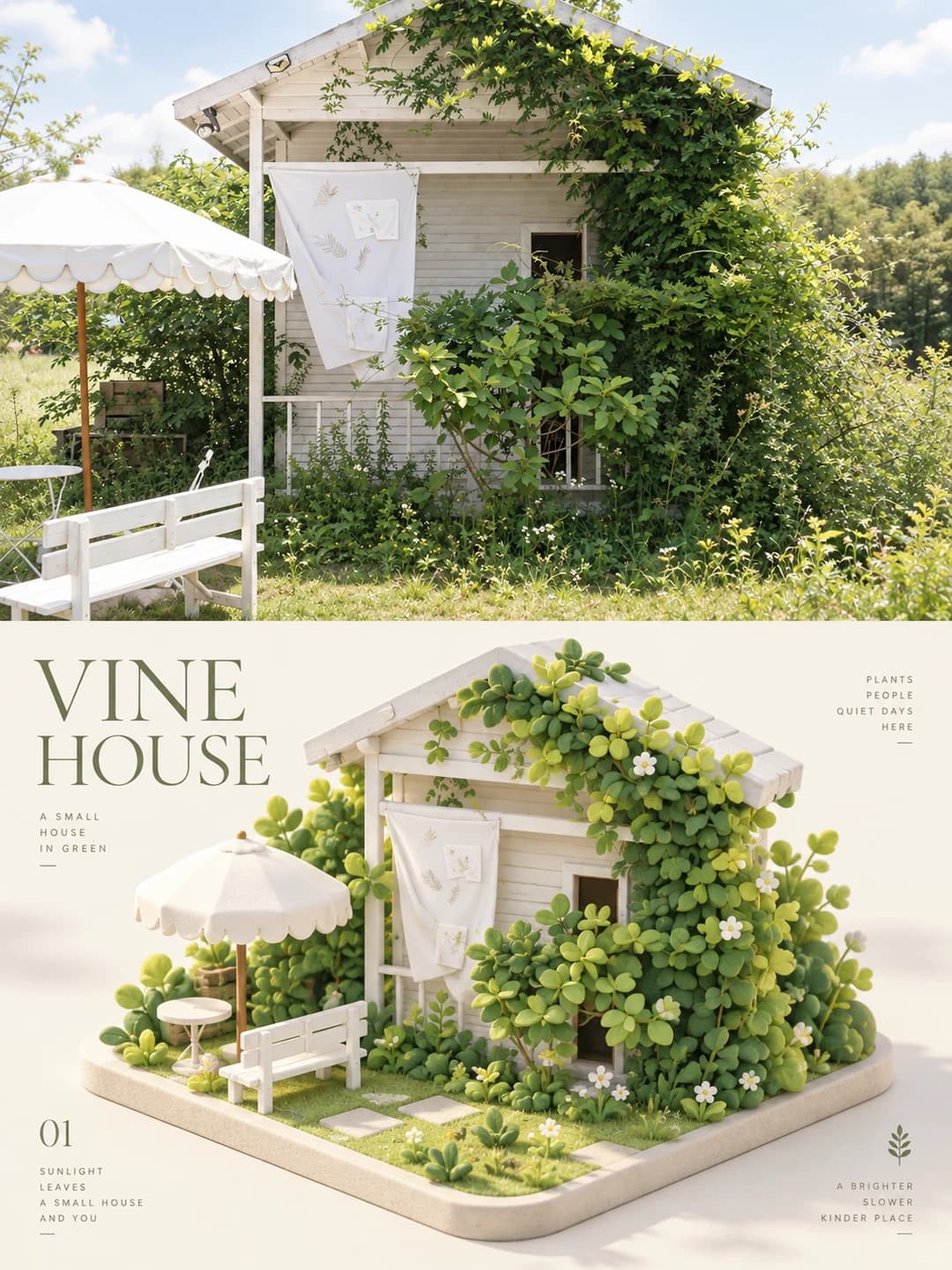 The white clapboard cottage keeps its gable, hanging cloth, parasol and bench, while the vines covering it are rebuilt as stacked leaf blocks on a rounded cream base.