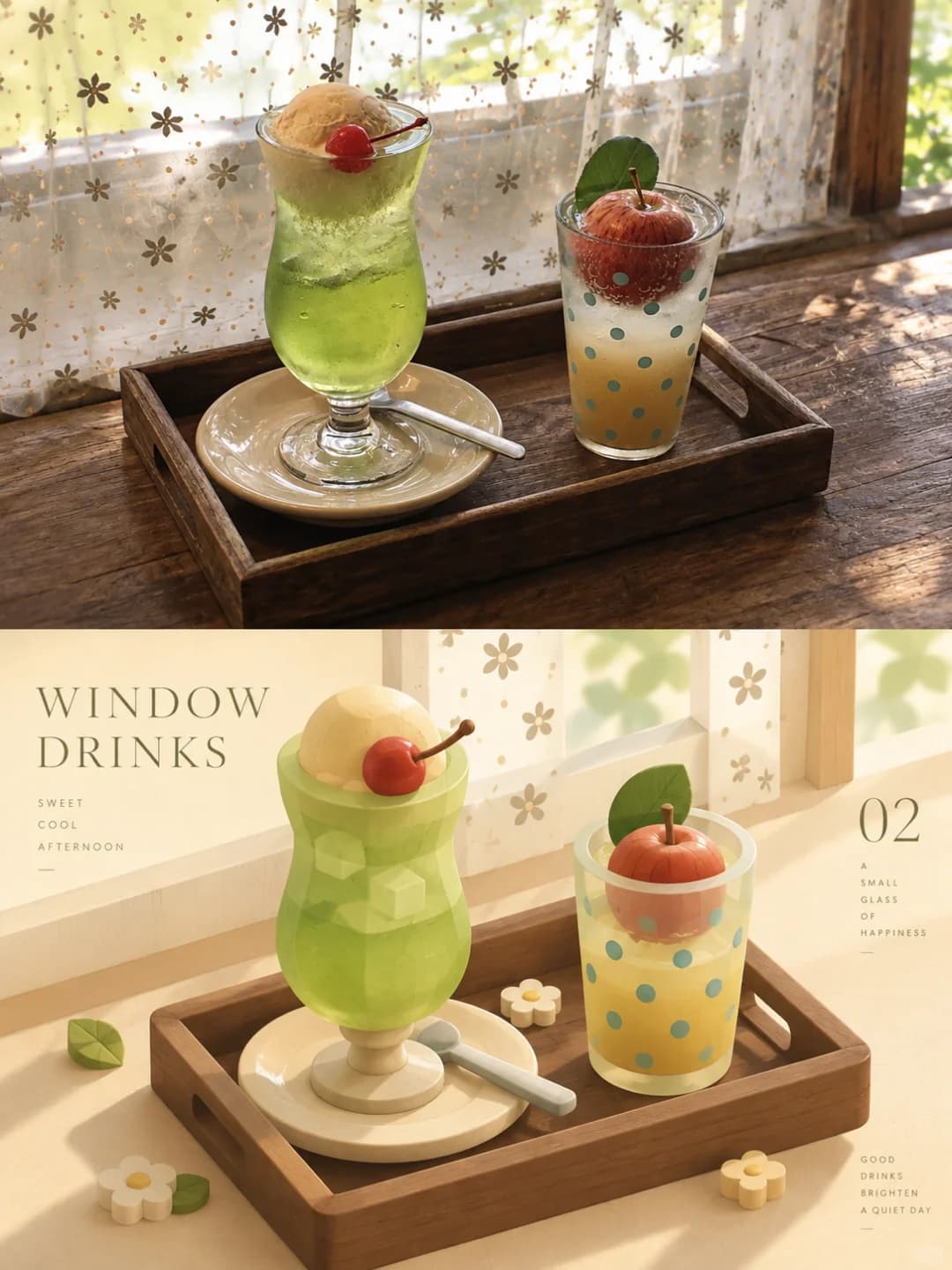 The melon soda with its cherry and the apple drink in a polka-dot glass keep their shapes and colours on the wooden tray, now as smooth soft-edged blocks in front of the lace-curtained window.