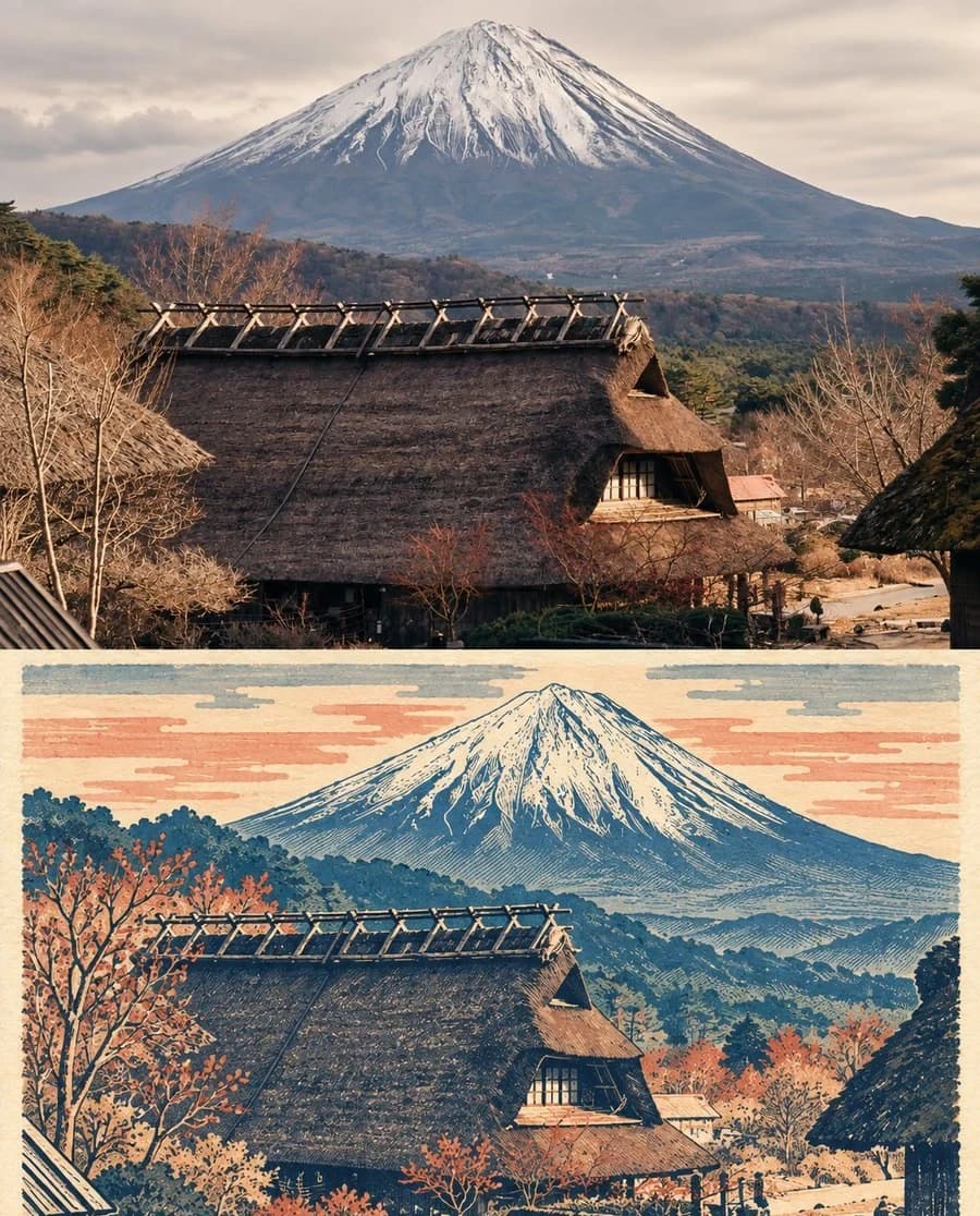 A thatched roof under Mount Fuji — the mountain is carved in indigo hatching, the maples in vermilion