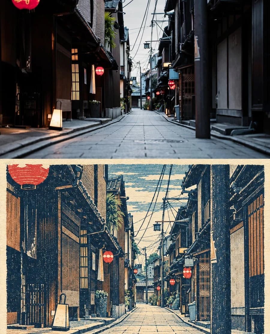 A lantern-lit lane at dusk — overhead wires survive as single ruled lines across a pale sky