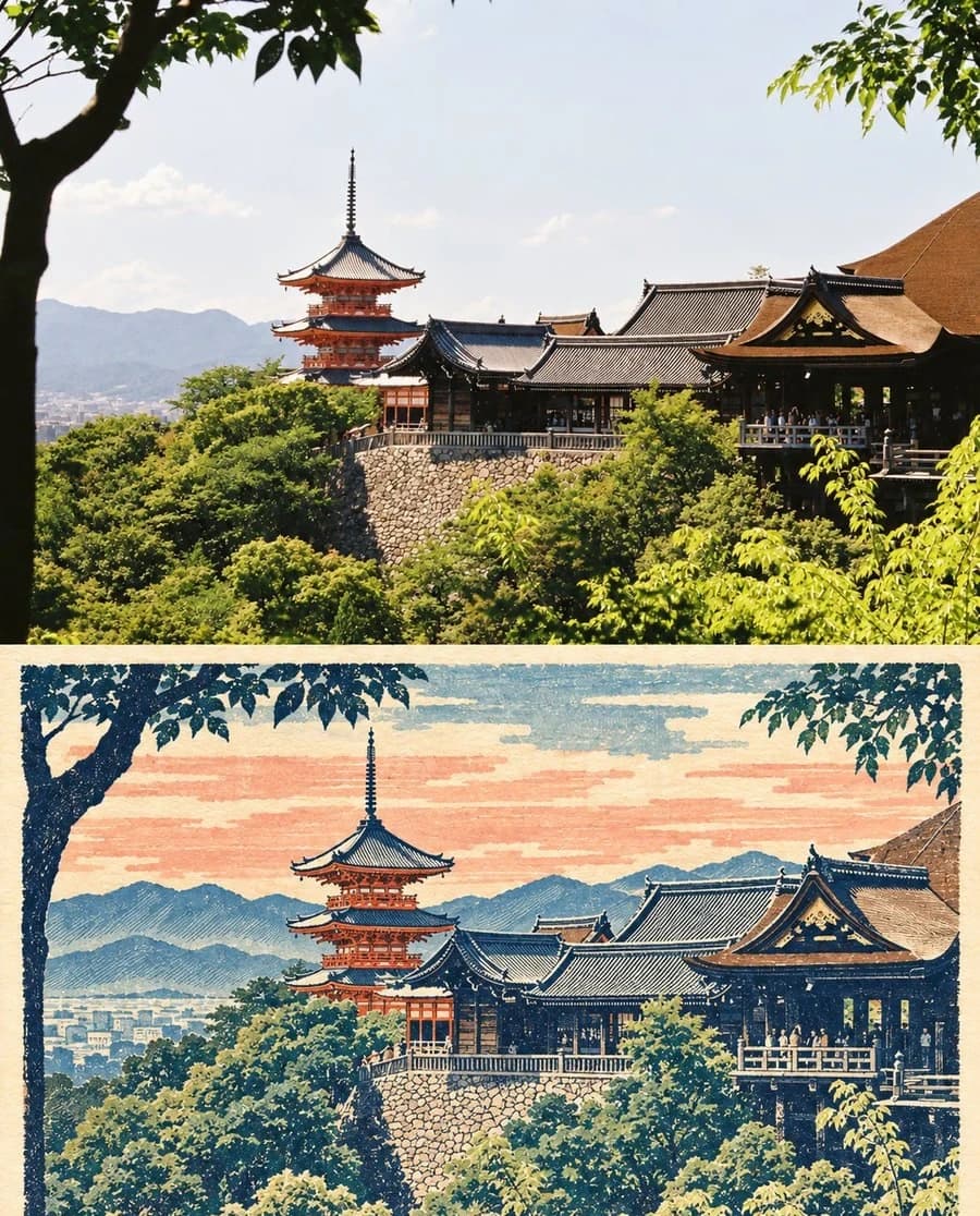A temple and pagoda above Kyoto — the stone retaining wall becomes a field of short chisel marks