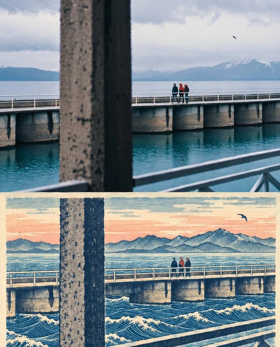 A pier and walkers on a grey day — the one case where the print's waves were already in the photograph
