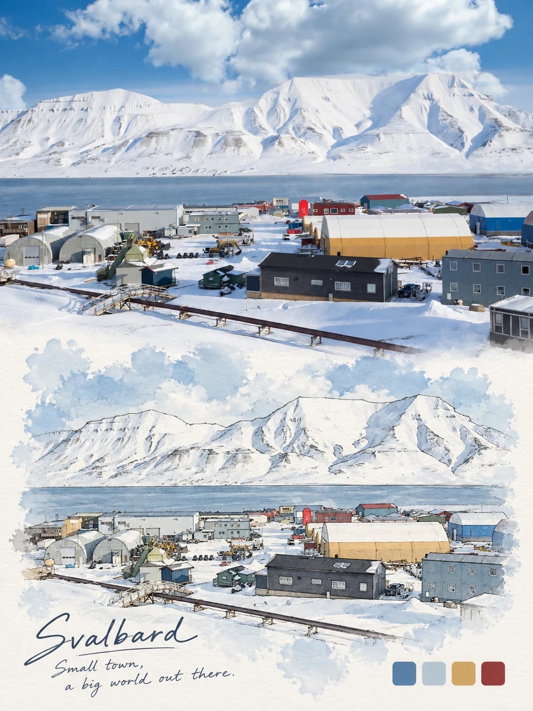 The snowfield, the mountain and the coloured sheds of the town survive in cool blue washes, down to the yellow and red roofs picked out in the swatches.