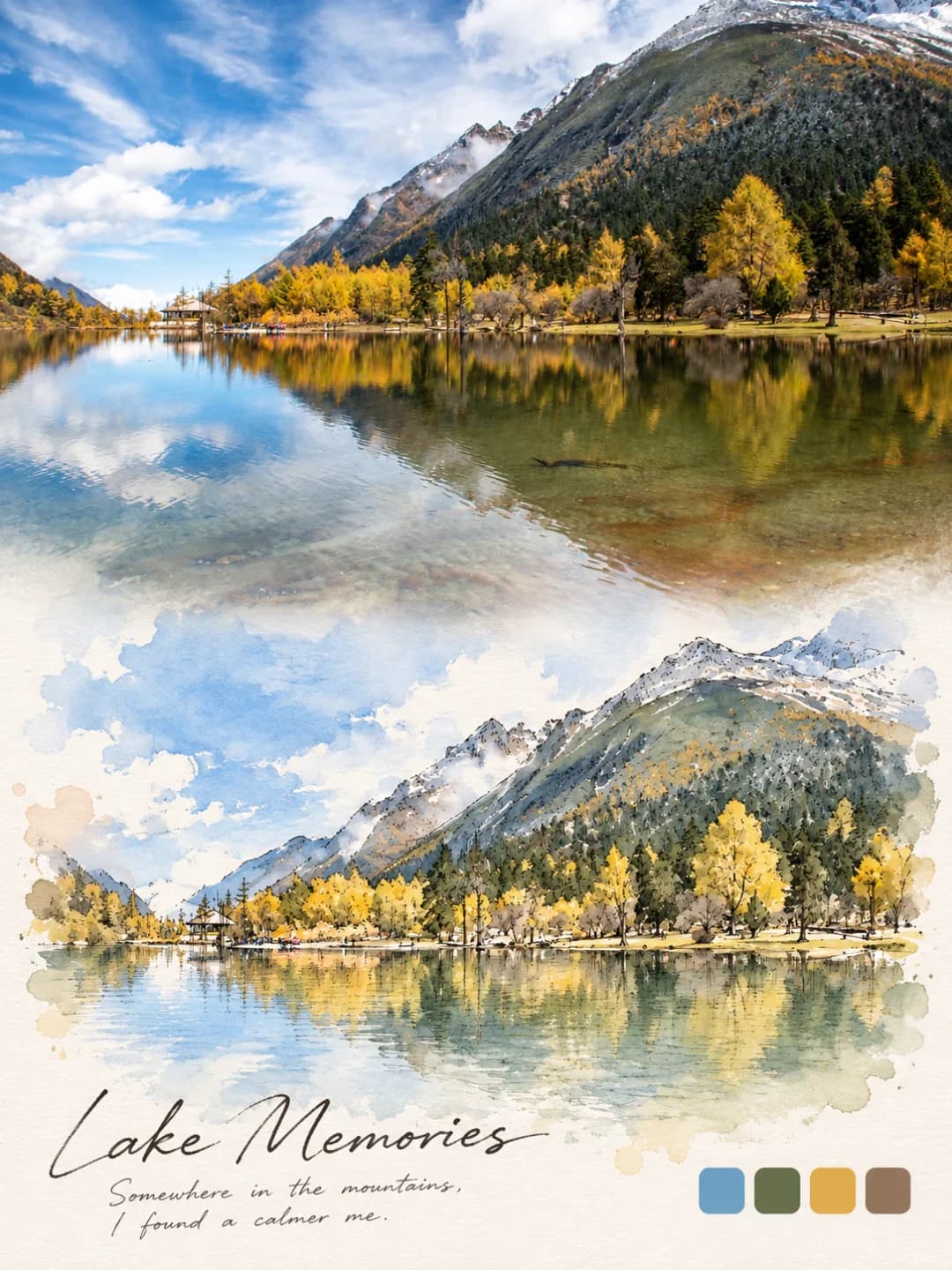 The golden larches, the snowy ridge and their reflection all come through in pen and pale wash, and the swatches pick out sky blue, pine green, gold and earth.