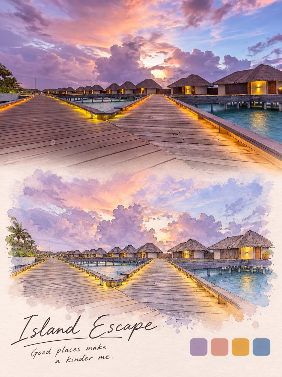 The boardwalk lights, the thatched water villas and the lilac sky carry over, with swatches of lavender, coral, gold and blue.