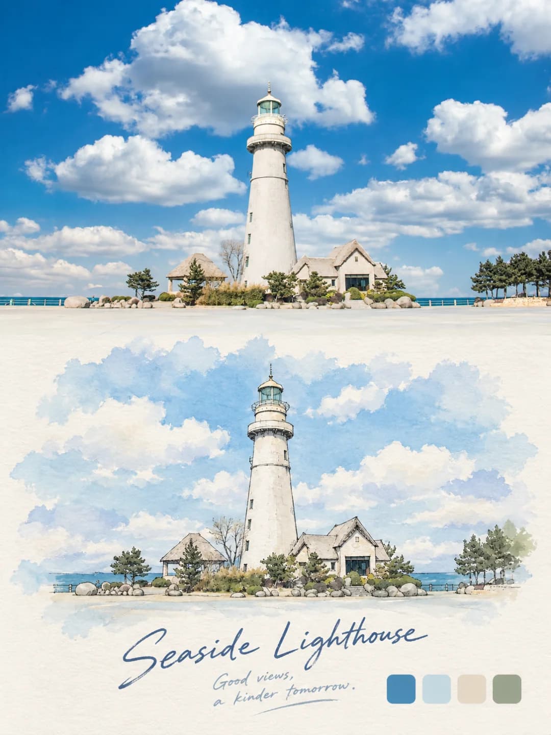 The white lighthouse, its cottages and the pines stay in place, with the cumulus clouds turned into soft blue blooms.