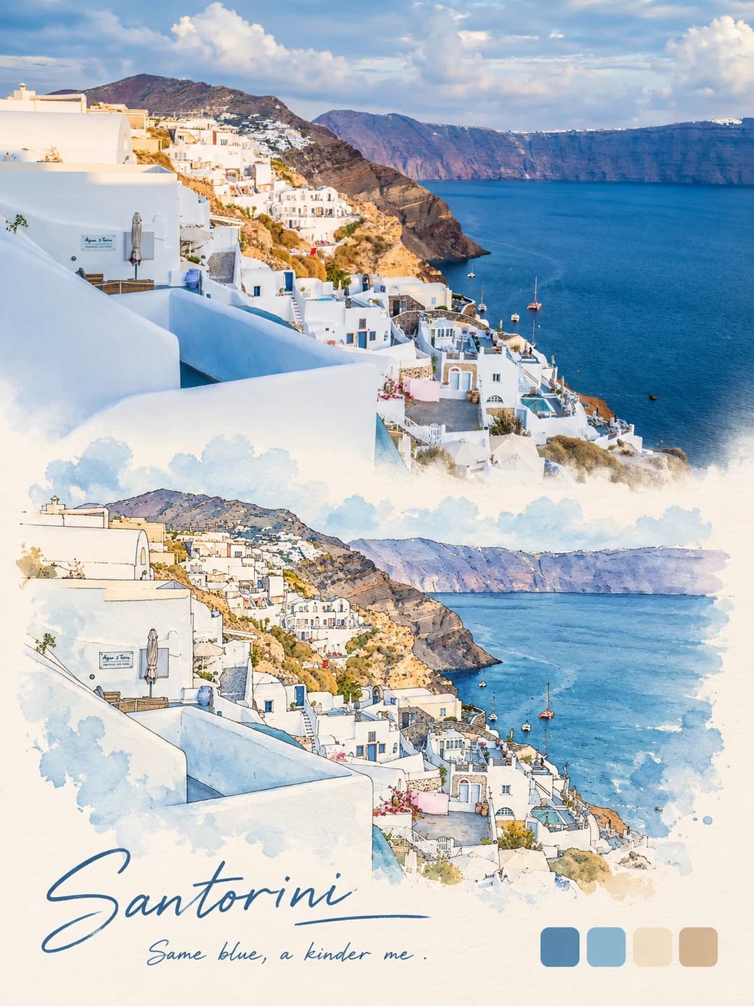 The whitewashed cliffside, the caldera and the red sailboat survive, drawn in blue-grey pen with the sea fading off into cream paper.