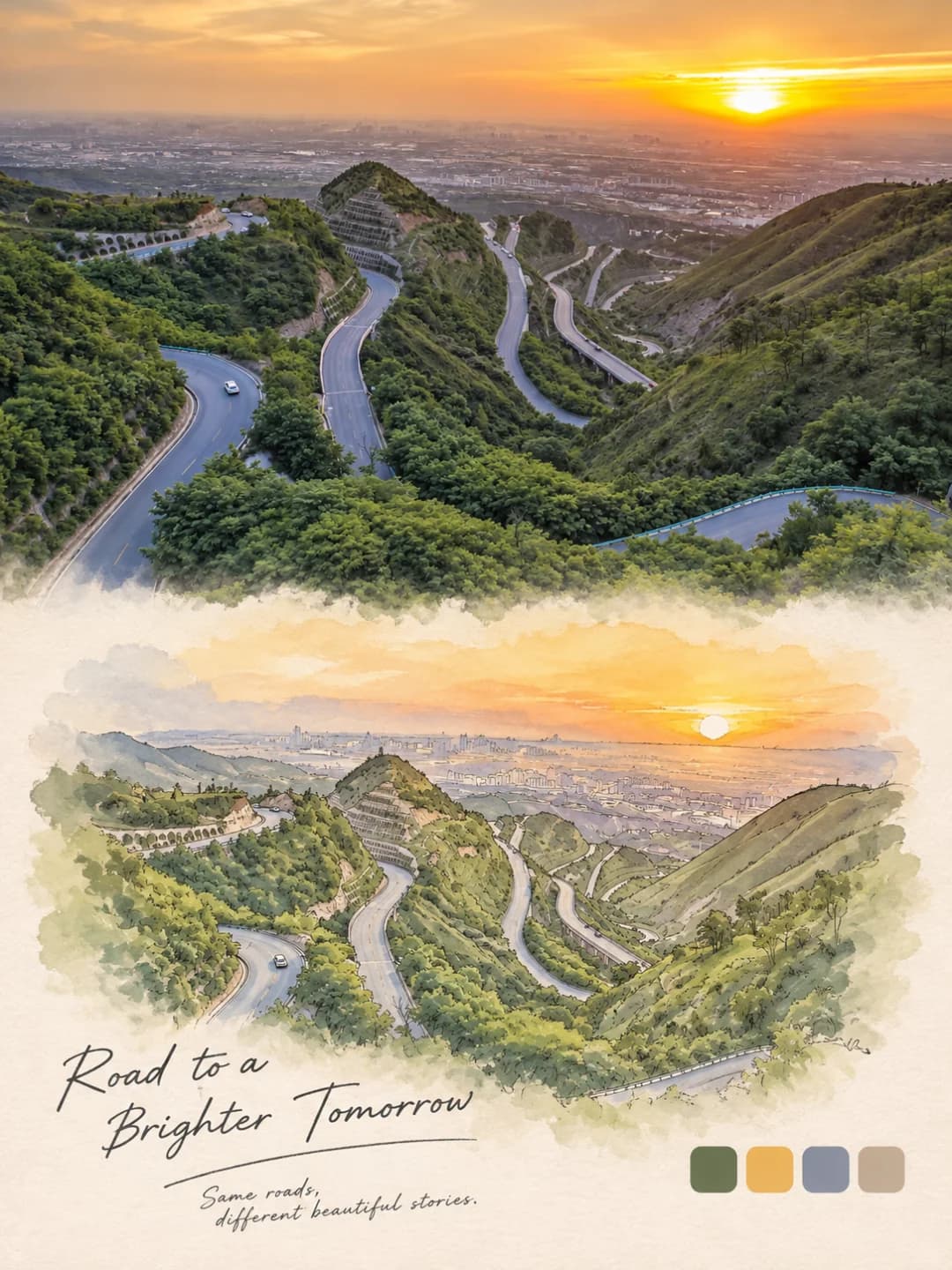 Every hairpin of the mountain road and the sun over the city are kept, washed in greens and orange on warm paper.