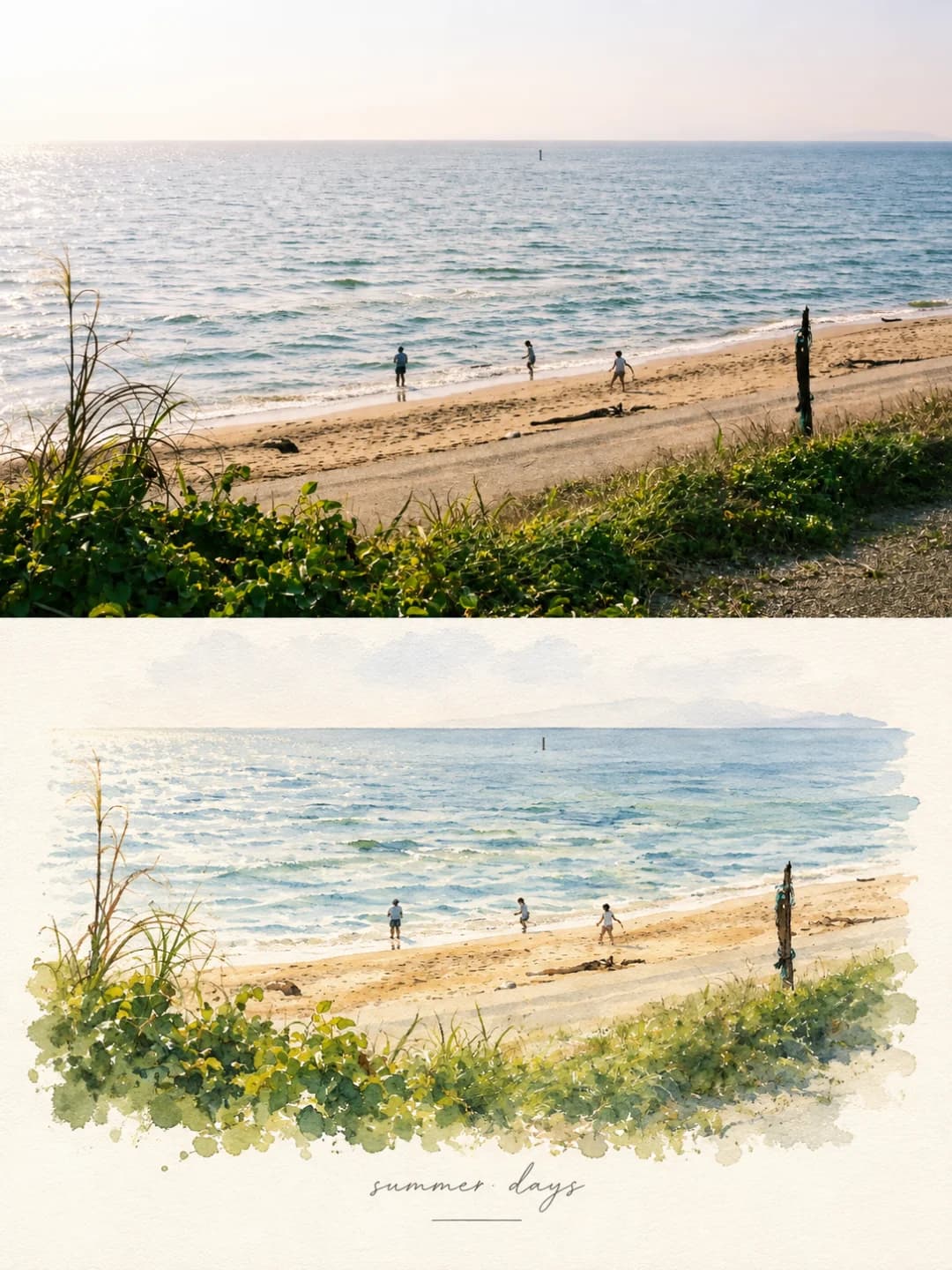 The three people on the sand, the post at the water's edge and the grasses in the foreground survive, with the sea turned to pale blue washes.