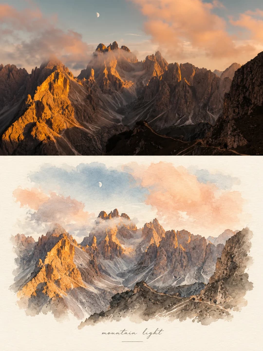 The ridge of jagged peaks, the low cloud and even the crescent moon are kept, the golden light softened to peach and grey.