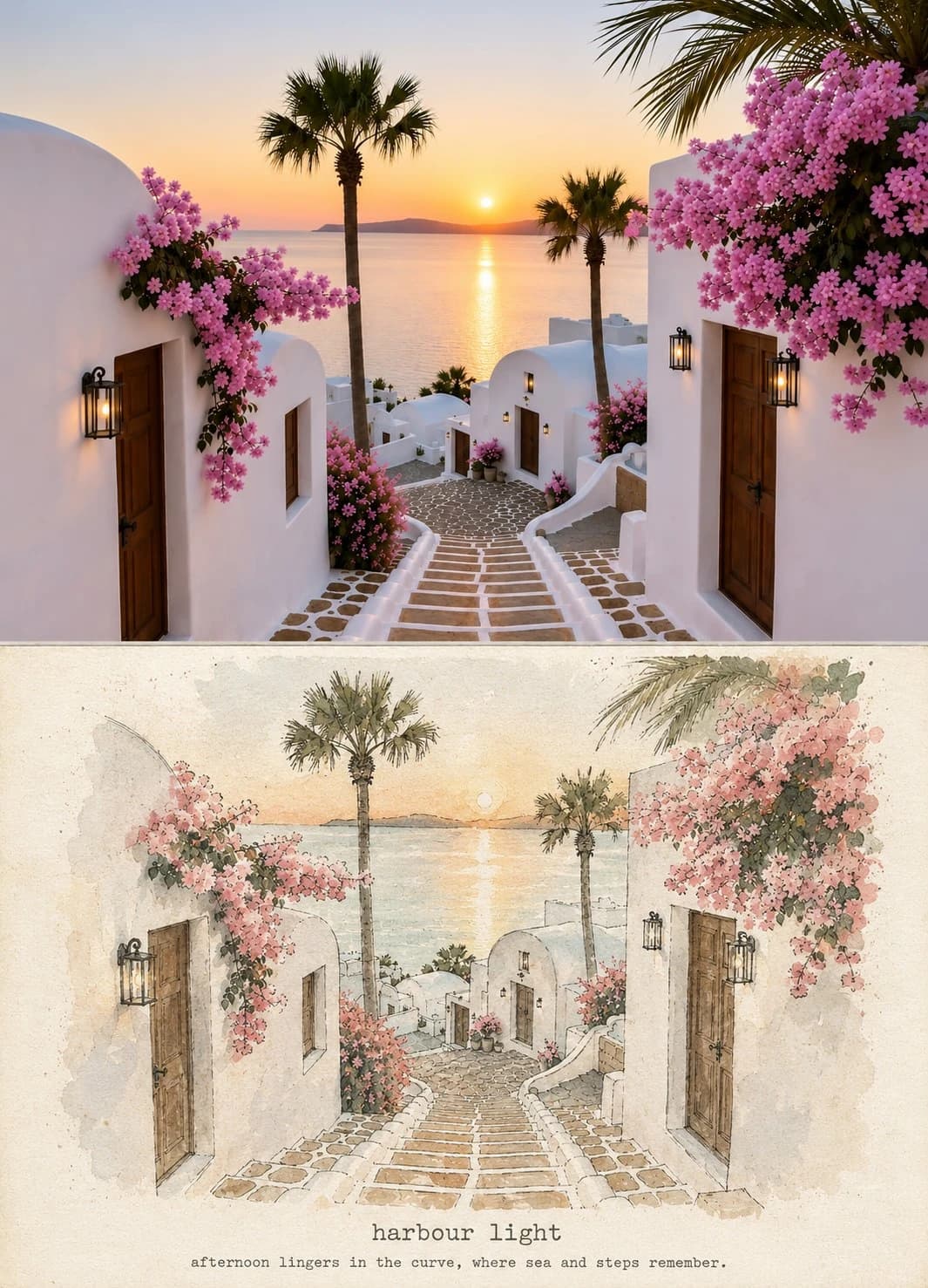 Whitewashed steps down to a sunset sea — the bougainvillea goes from magenta to a dusty rose