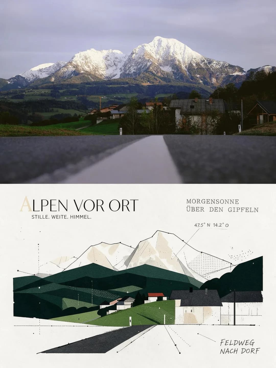 An Alpine village — layered greens and a dotted screen stand in for fields