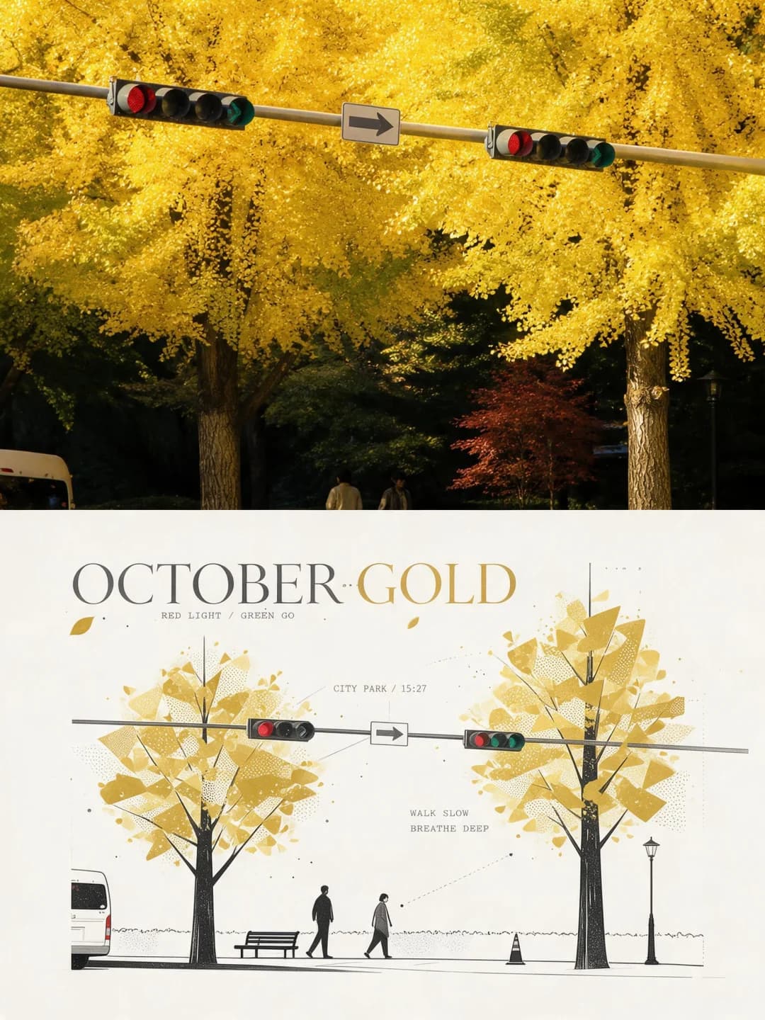 Ginkgo trees and a traffic signal — gold reduced to angular leaf shapes
